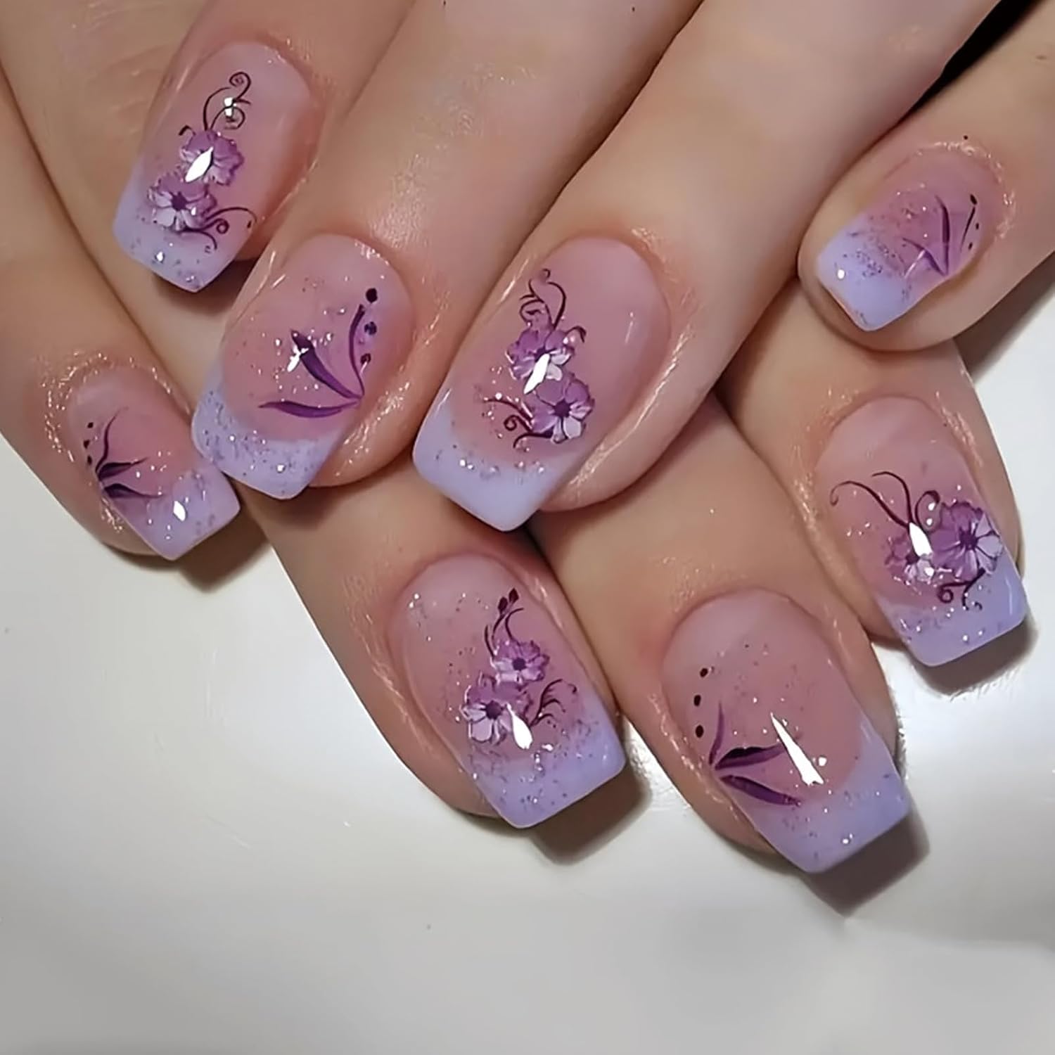 YOSOMMK Press on Nails Short Square Fake Nails with Flower Designs Nude Pink Glossy Full Cover Stick on Nail Bling Sequins Acylic Nail for Women and Girls : Beauty & Personal Care