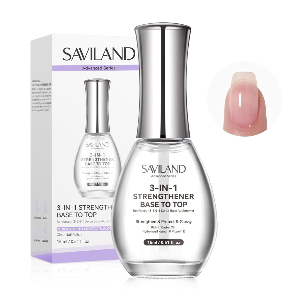 SAVILAND 3-in-1 Base & Top Coat & Nail Strengthener: 15ml Quick Air Dry Clear Nail Polish Nail Strengthener and Growth for Damaged Nails Nail Treatment Glossy Regular Nail Lacquer Women Gift : Beauty & Personal Care