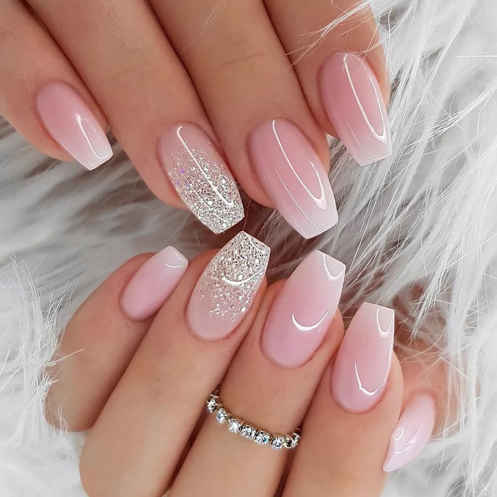 WAFOLOZE Nails Press ons.White Ombre Short Square Press on Nails Fake Nails Glossy Acrylic Artificial Nails Stick on Nails for Women 24Pcs : Beauty & Personal Care