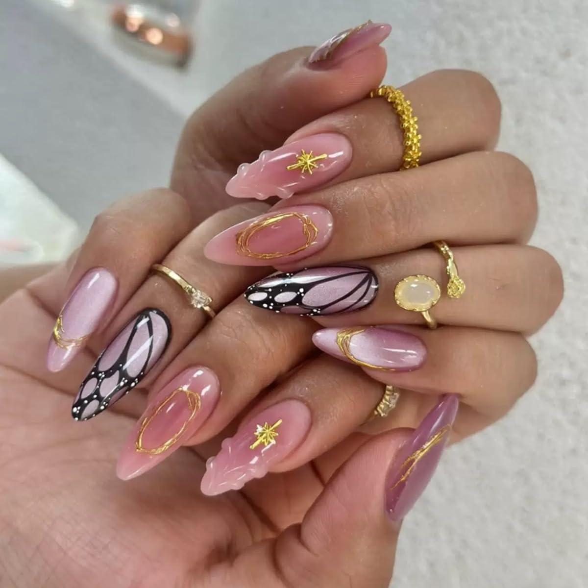 CTTHNBD Press on Nails Almond - French Tip Fake Nails with Gold Line Design - Medium Fasle Nails Press ons - for Women 24 Pcs : Beauty & Personal Care