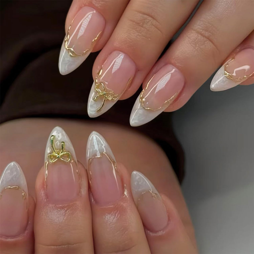 24pcs White French Tip Press on Nails Medium Almond Fake Nails with 3D Bow Acrylic Nails Design Gold Line Stick on Nails French False Nails Kit Full Cover Glue on Nails for Women Nail Decoration : Beauty & Personal Care
