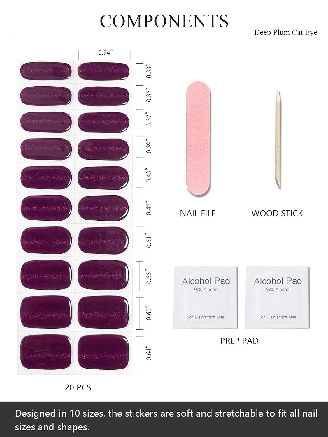 AutyaMee Semi Cured Gel Nail Strips (Deep Plum Cat Eye). Dark Purple. 20 Pcs Gel Nail Wraps. Stickers. UV Light Required. Salon Quality. Long Lasting : Beauty & Personal Care