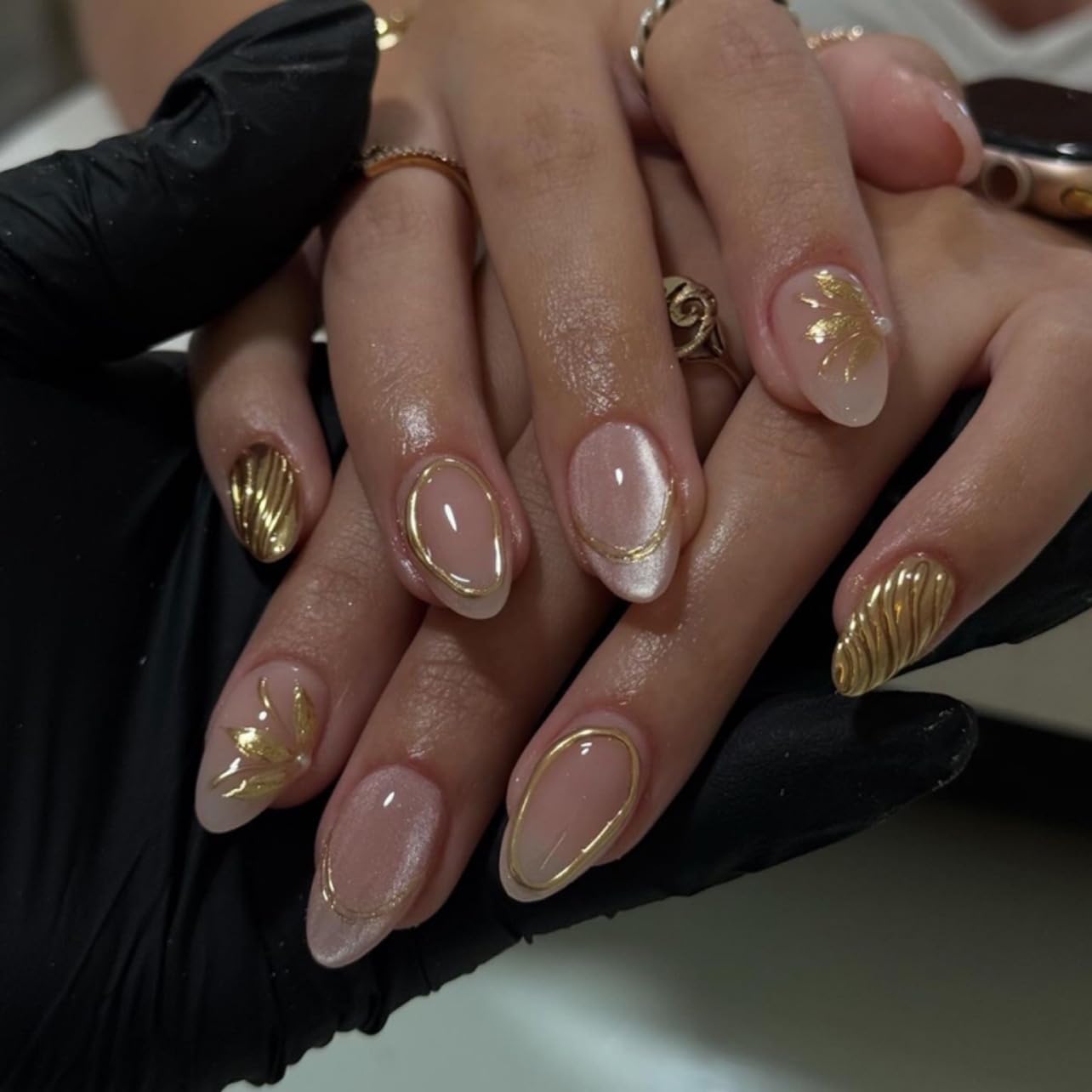 CTTHNBD Press on Nails Almond - French Tip Fake Nails with Gold Line Design - Medium Fasle Nails Press ons - for Women 24 Pcs : Beauty & Personal Care