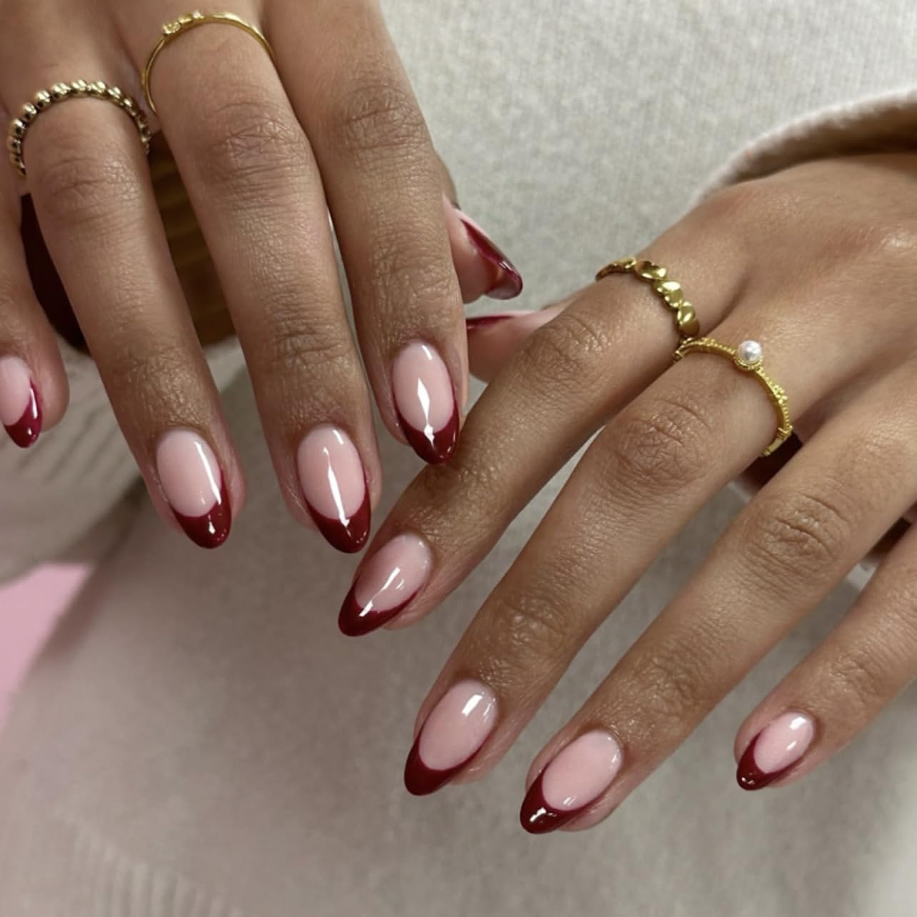 CTTHNBD Press on Nails Almond - French Tip Fake Nails with Gold Line Design - Medium Fasle Nails Press ons - for Women 24 Pcs : Beauty & Personal Care