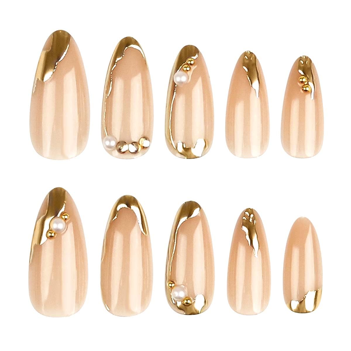 CTTHNBD Press on Nails Almond - French Tip Fake Nails with Gold Line Design - Medium Fasle Nails Press ons - for Women 24 Pcs : Beauty & Personal Care
