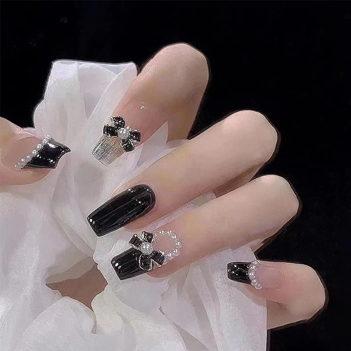 YKZFUI French Tip Press on Nails with Charms. Medium. Cute Bow. Long Square Shape. Acrylic Fake Stick On Nails with Heart and Rhinestones for Women Daily Wear. White : Beauty & Personal Care