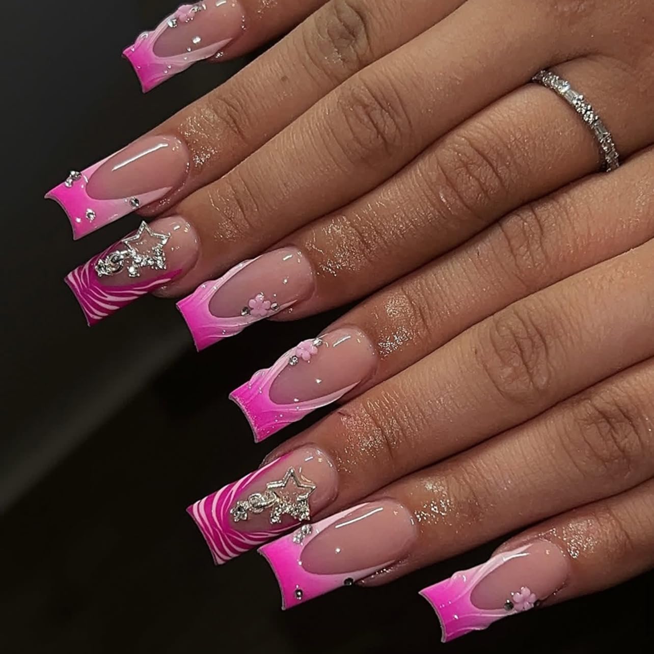 CTTHNBD Medium Press on Nails Coffin - Black French Tip Fake Nails with Bow Charms Design - Heart False Nails Press ons - for Women 24 Pcs : Beauty & Personal Care