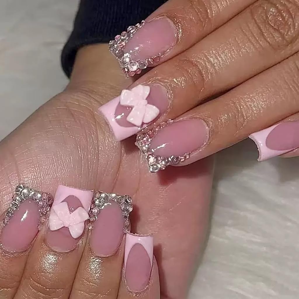 CTTHNBD Medium Press on Nails Coffin - Black French Tip Fake Nails with Bow Charms Design - Heart False Nails Press ons - for Women 24 Pcs : Beauty & Personal Care