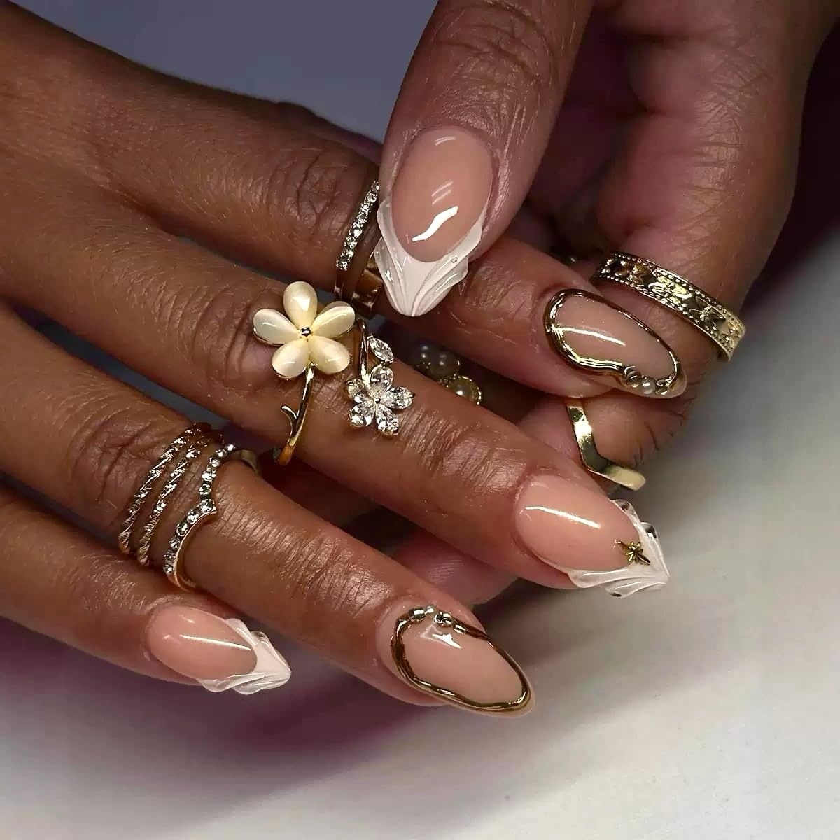 CTTHNBD Press on Nails Almond - French Tip Fake Nails with Gold Line Design - Medium Fasle Nails Press ons - for Women 24 Pcs : Beauty & Personal Care