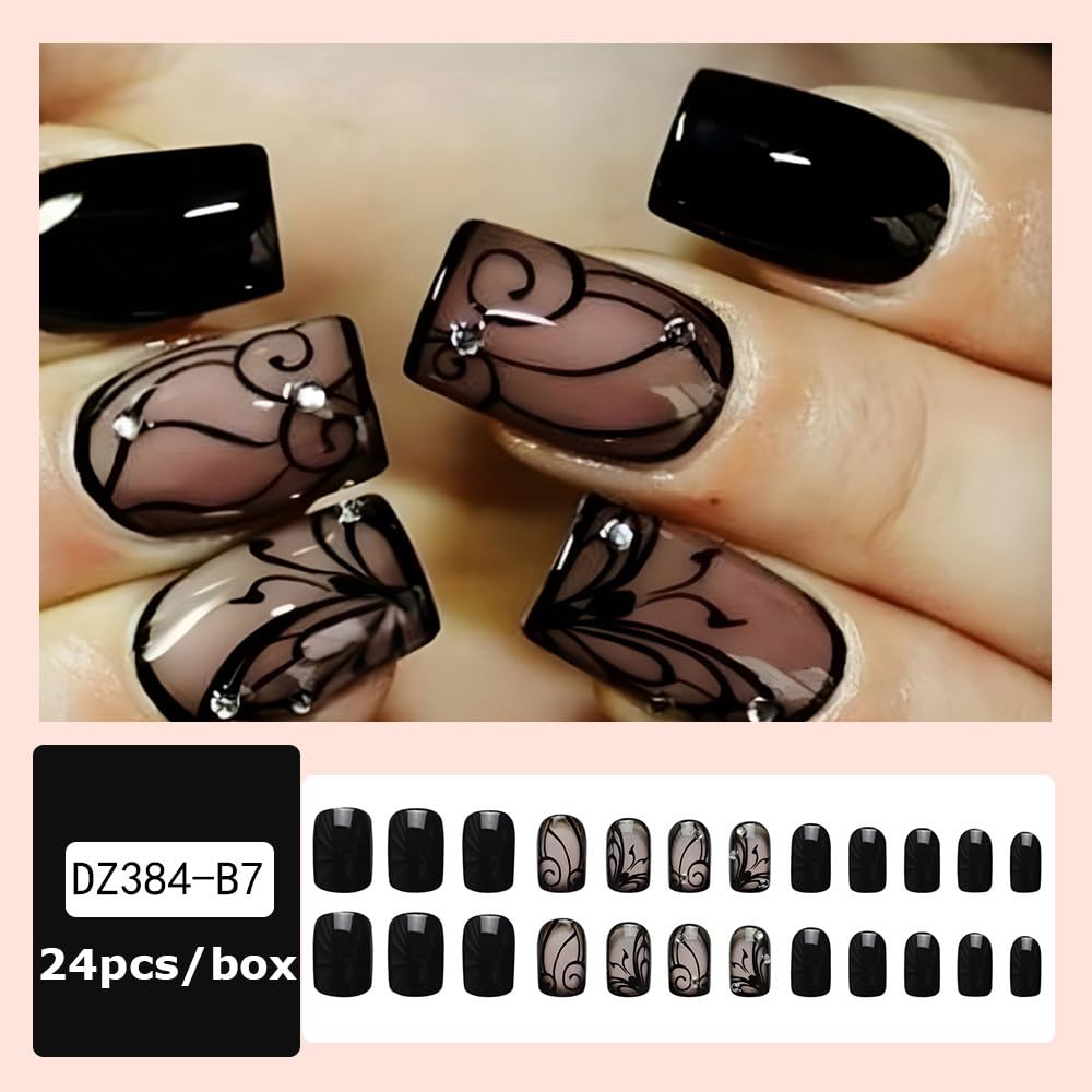 OHWODA Black Press on Nails Short Square Fake Nails Black Vine Acrylic Glue on Nails Full Cover Glossy Nails Press ons Short Stick on Nails Summer Artificial Nails for Women Girls - 24Pcs : Beauty & Personal Care