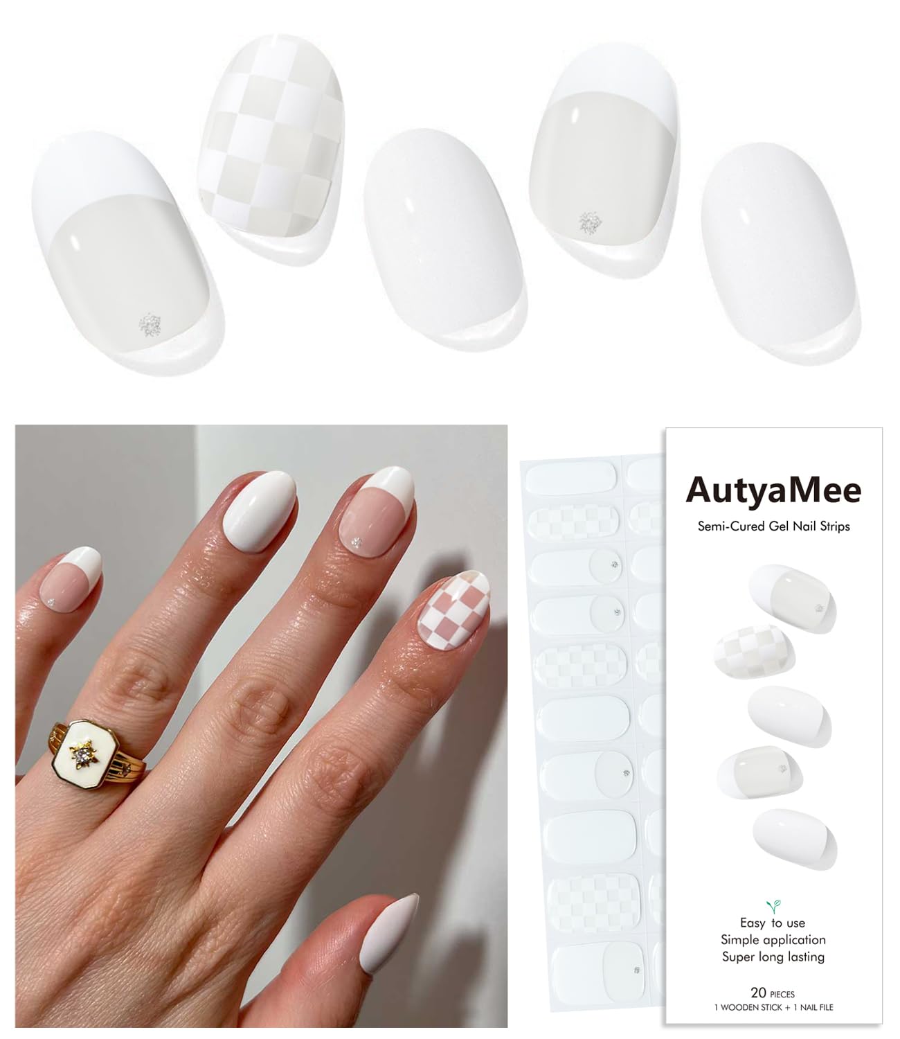 AutyaMee Semi Cured Gel Nail Strips (A White French Tip). Clear Base. 20 Pcs Gel Nail Wraps. Stickers. UV Light Required. Salon Quality. Long Lasting : Beauty & Personal Care