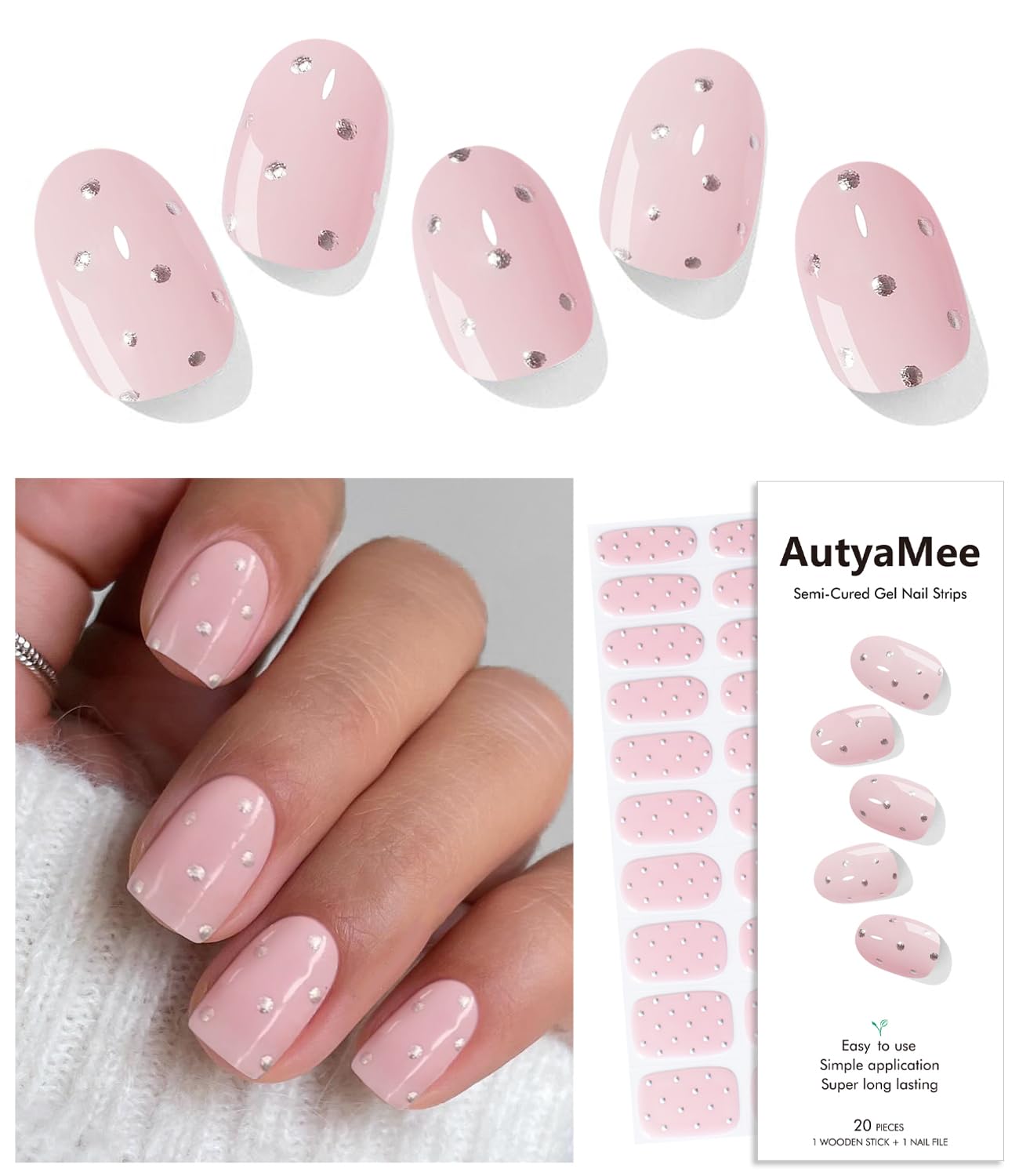 AutyaMee Semi Cured Gel Nail Strips (A White French Tip). Clear Base. 20 Pcs Gel Nail Wraps. Stickers. UV Light Required. Salon Quality. Long Lasting : Beauty & Personal Care