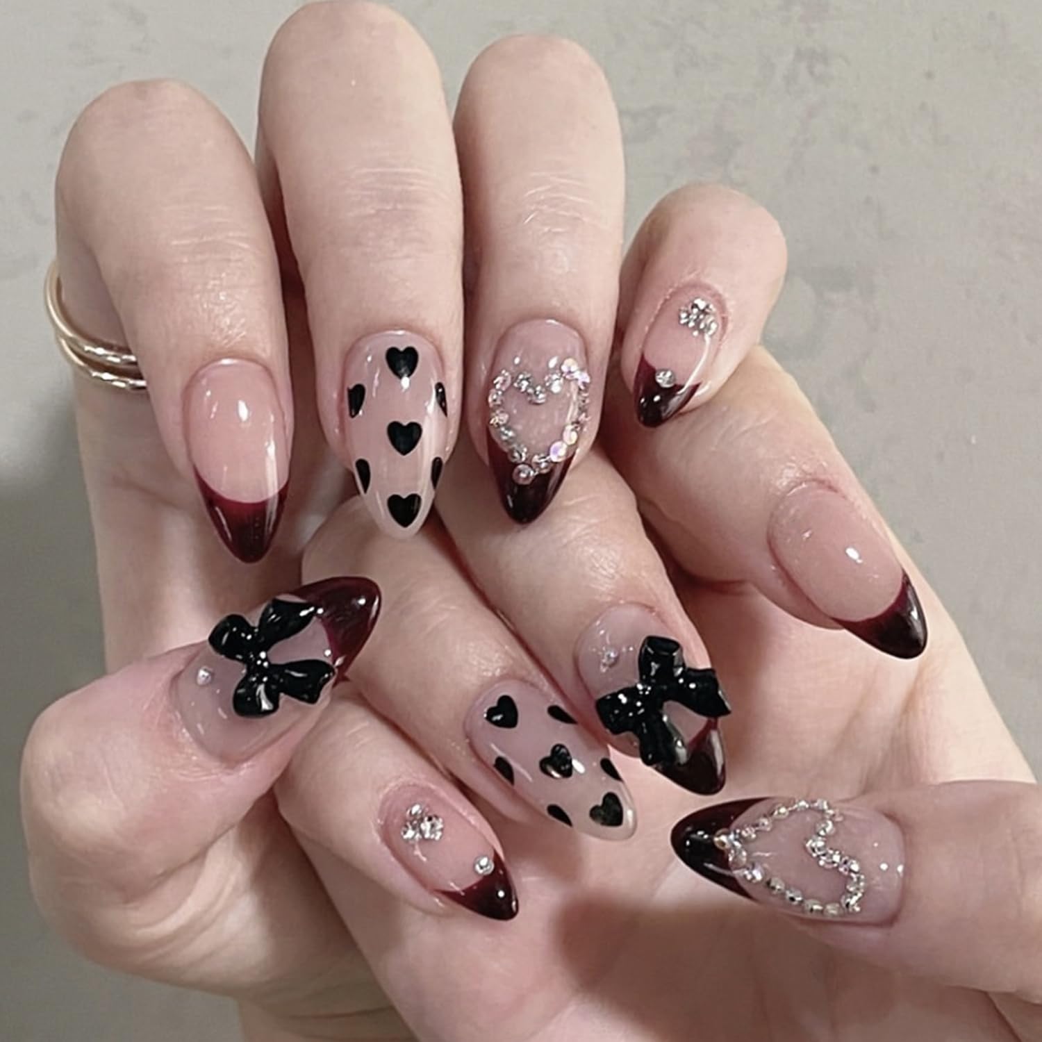 YKZFUI French Tip Press on Nails with Charms. Medium. Cute Bow. Long Square Shape. Acrylic Fake Stick On Nails with Heart and Rhinestones for Women Daily Wear. White : Beauty & Personal Care