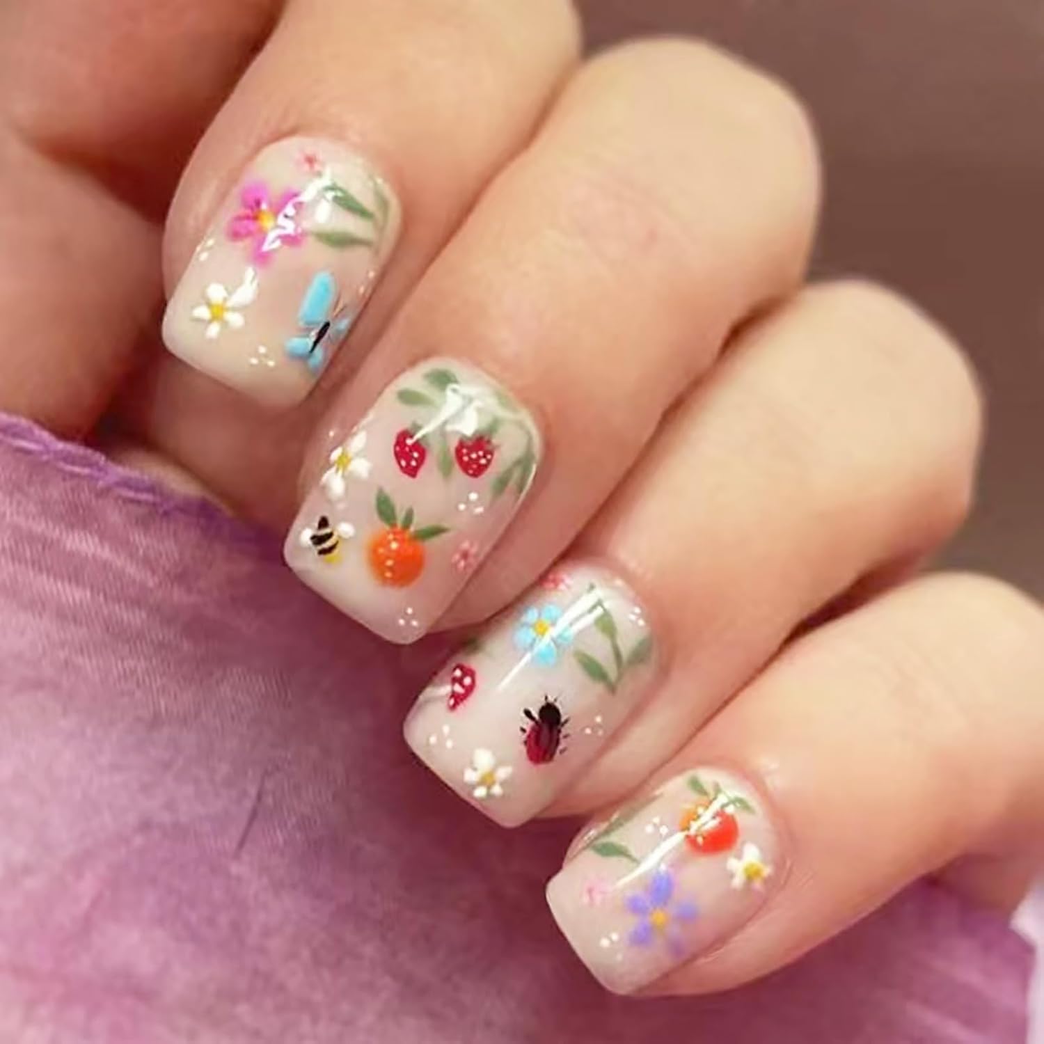 24Pcs Colorful Flower Press-On Nails - Short. Square. Fake. Spring-Summer Nail Art Set. Light Pink Acrylic. Full Cover Glossy False Nails for Women & Girls : Beauty & Personal Care