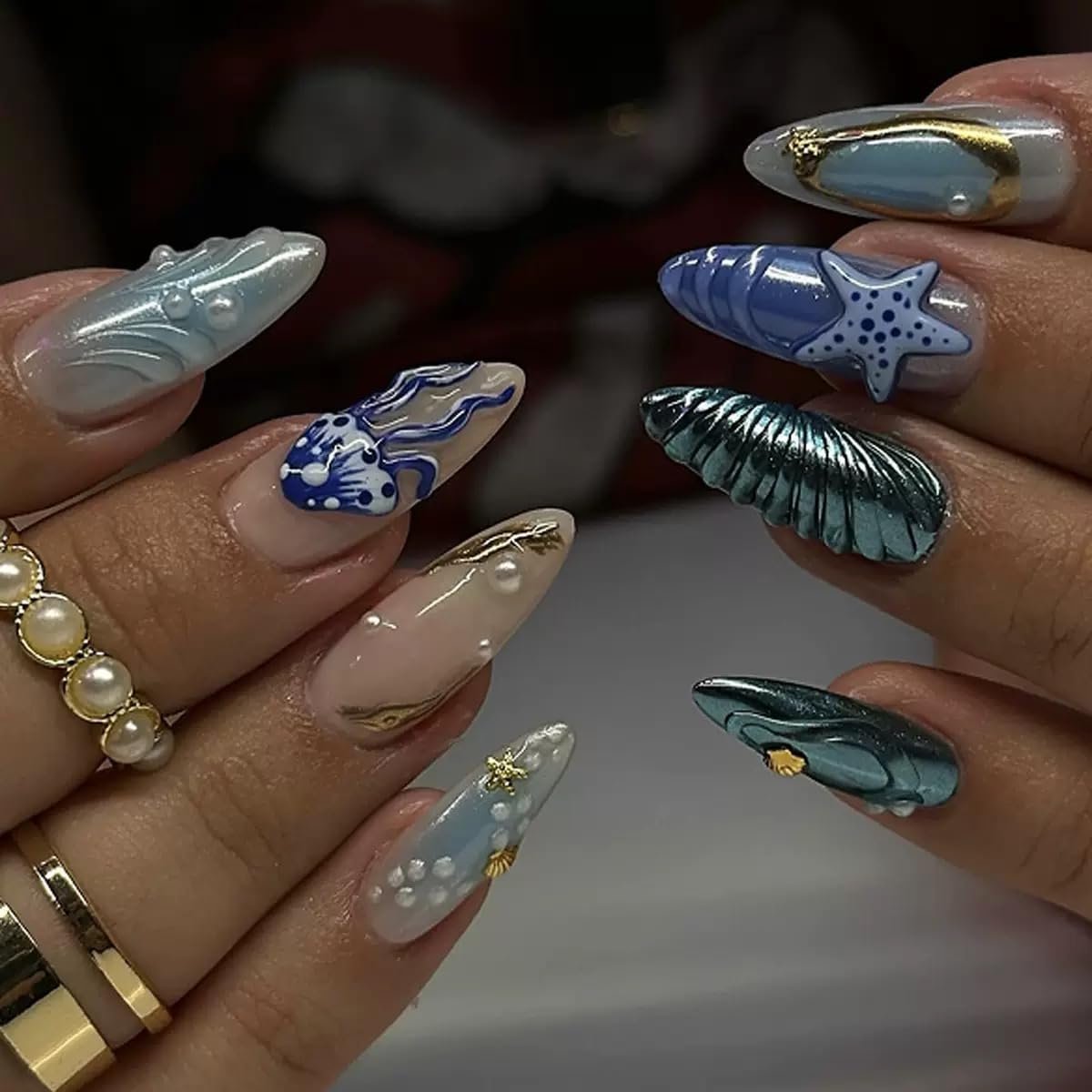 CTTHNBD Press on Nails Almond - French Tip Fake Nails with Gold Line Design - Medium Fasle Nails Press ons - for Women 24 Pcs : Beauty & Personal Care