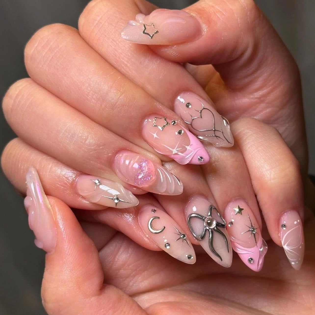 CTTHNBD Press on Nails Almond - French Tip Fake Nails with Gold Line Design - Medium Fasle Nails Press ons - for Women 24 Pcs : Beauty & Personal Care