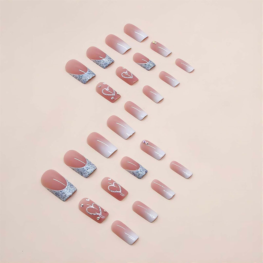 RUOKEXIN Heart Press On Nails Medium Square Fake Nails Glitter Glossy Acrylic False Nails with Rhinestones Designs Ombre Pink Full Cover Press Ons Fall Winter Holiday Stick on Nails for Women 24Pcs : Beauty & Personal Care