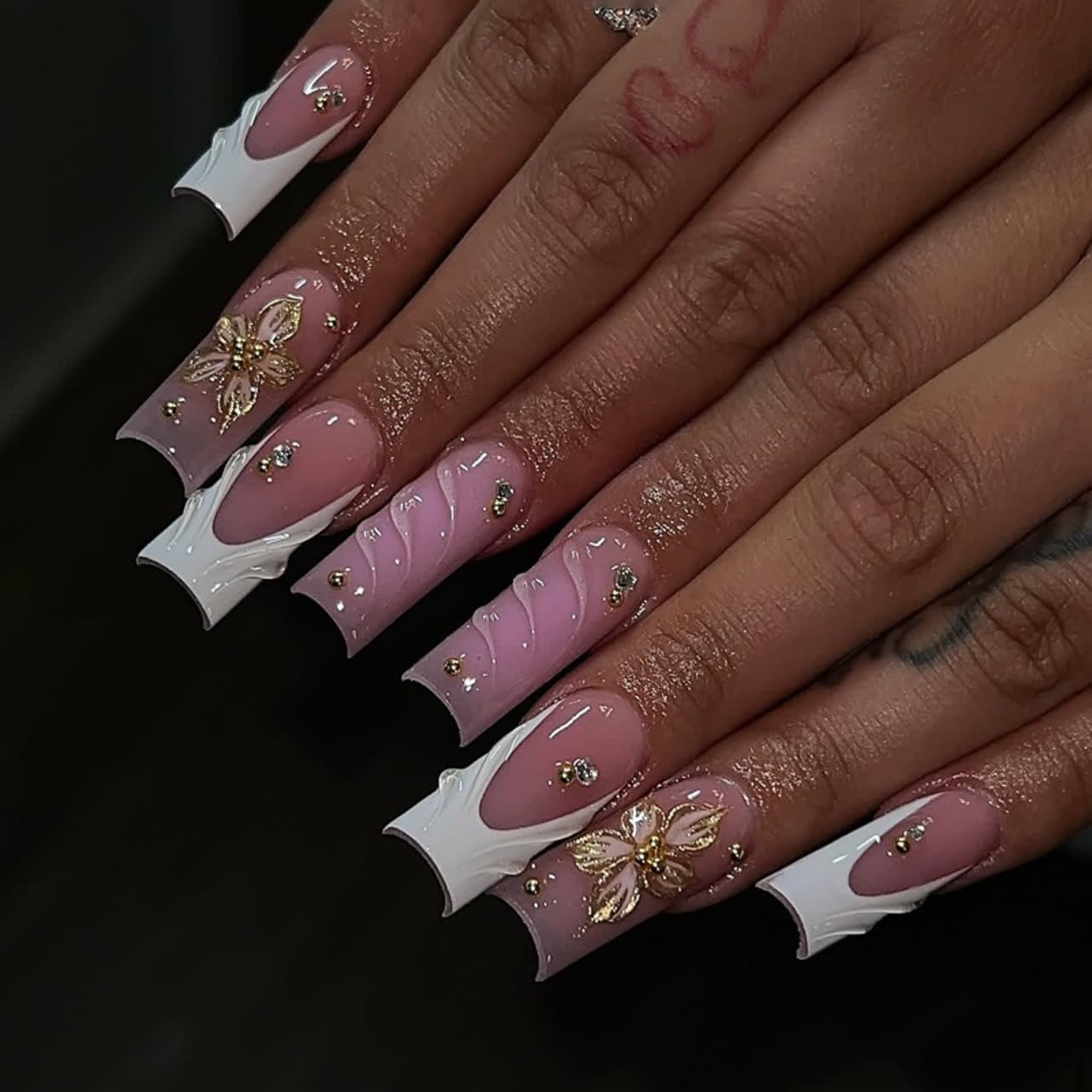 CTTHNBD Medium Press on Nails Coffin - Black French Tip Fake Nails with Bow Charms Design - Heart False Nails Press ons - for Women 24 Pcs : Beauty & Personal Care