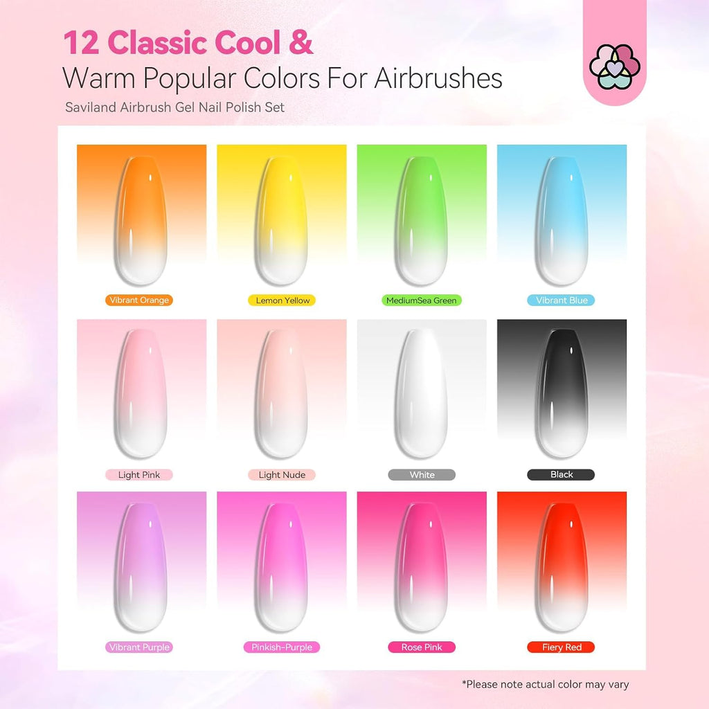 SAVILAND Airbrush Gel Nail Polish Hema-Free: Dilution-Free 12 Vitality Colors Airbrush for Nails Set Non-Acetone with Fine Mist Nail for Spray French & Ombre Nail Polish Nail Art Design Salon Kit : Beauty & Personal Care