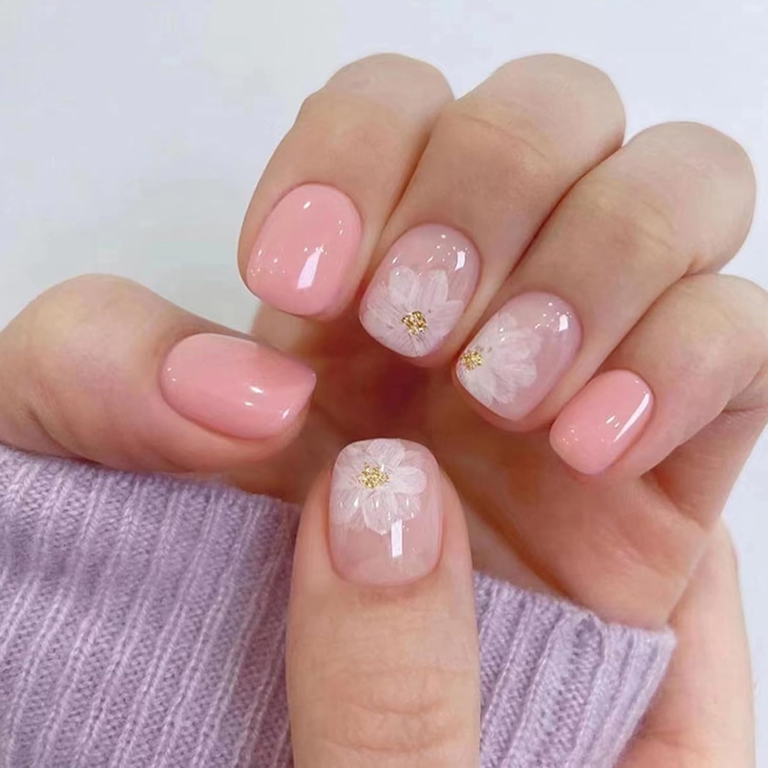 YOSOMMK Press on Nails Short Square Fake Nails with Flower Designs Nude Pink Glossy Full Cover Stick on Nail Bling Sequins Acylic Nail for Women and Girls : Beauty & Personal Care
