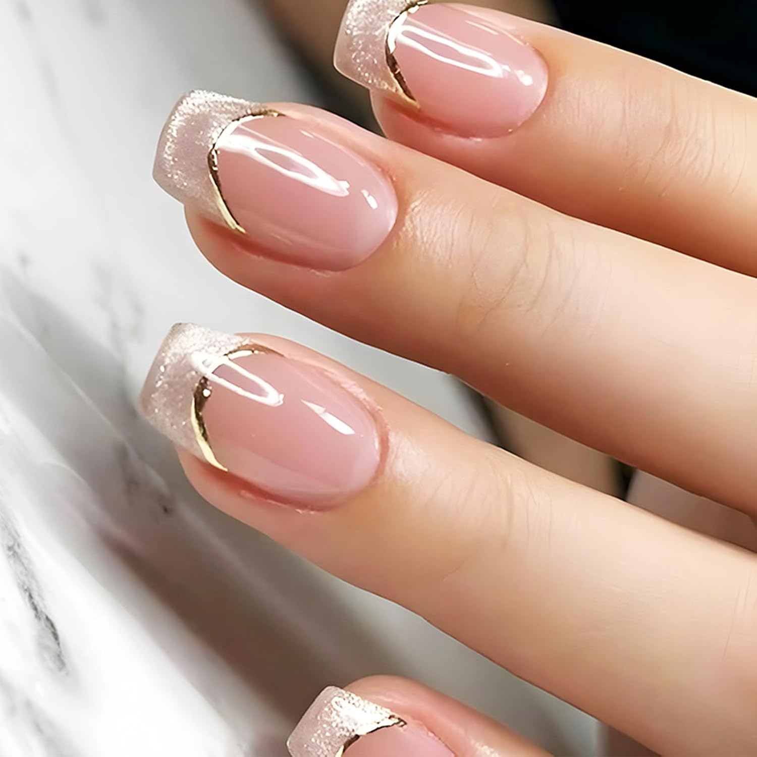 24Pcs Gold Curve Line Press on Nails Sea Acrylic Fake Nail Glossy Blue Gradient Medium Square False Nails Love Heart Stick on Fingernails Seaweed Gel Glue on Nail for Coquette Women Girls : Beauty & Personal Care