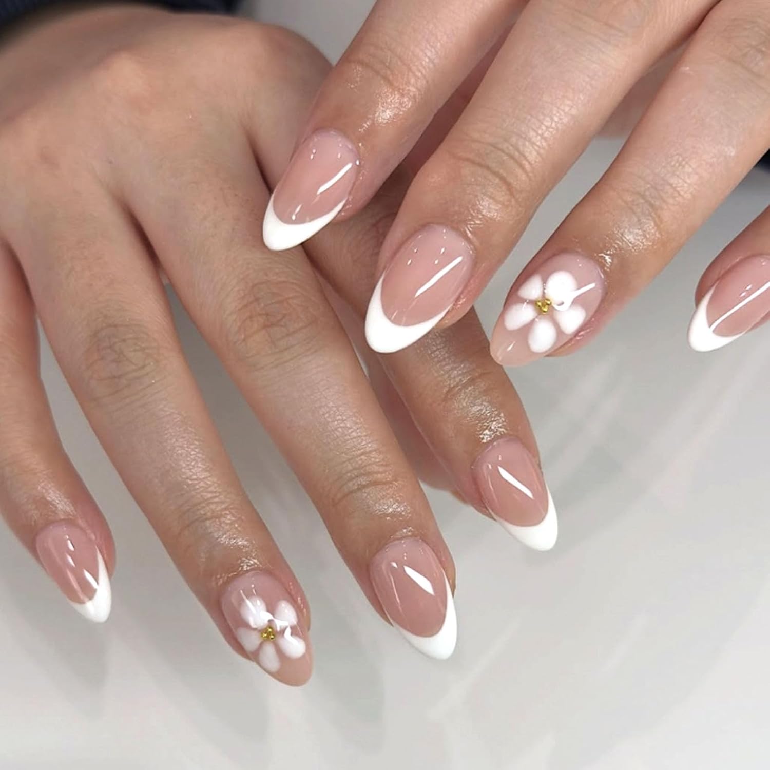 Short Press On Almond Fake Nails - Flower Acrylic Fall Nails Press Ons Full Cover Glue On Cute False Floral Stick On Nails for Women - 30 Pcs : Beauty & Personal Care