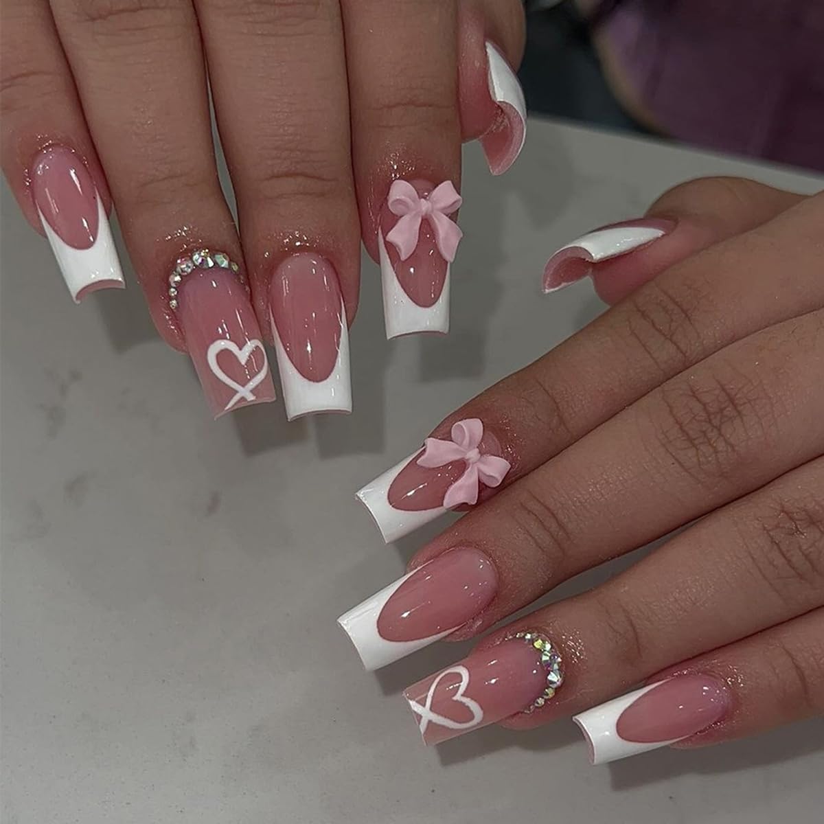 YKZFUI French Tip Press on Nails with Charms. Medium. Cute Bow. Long Square Shape. Acrylic Fake Stick On Nails with Heart and Rhinestones for Women Daily Wear. White : Beauty & Personal Care
