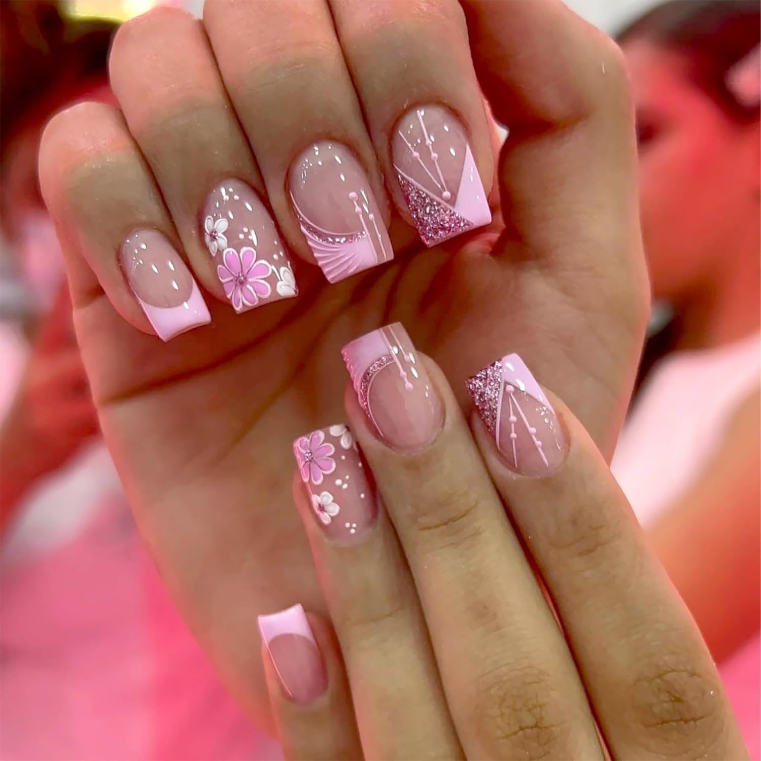 DZPGUONIZ 24pcs Short Square Press on Nails French Tip Fake Nails White Flower with Star Design Glitter False Nails Luxury Nail Charms Crafts White Stripes Glue on Nails for Women Manicure Tips : Beauty & Personal Care