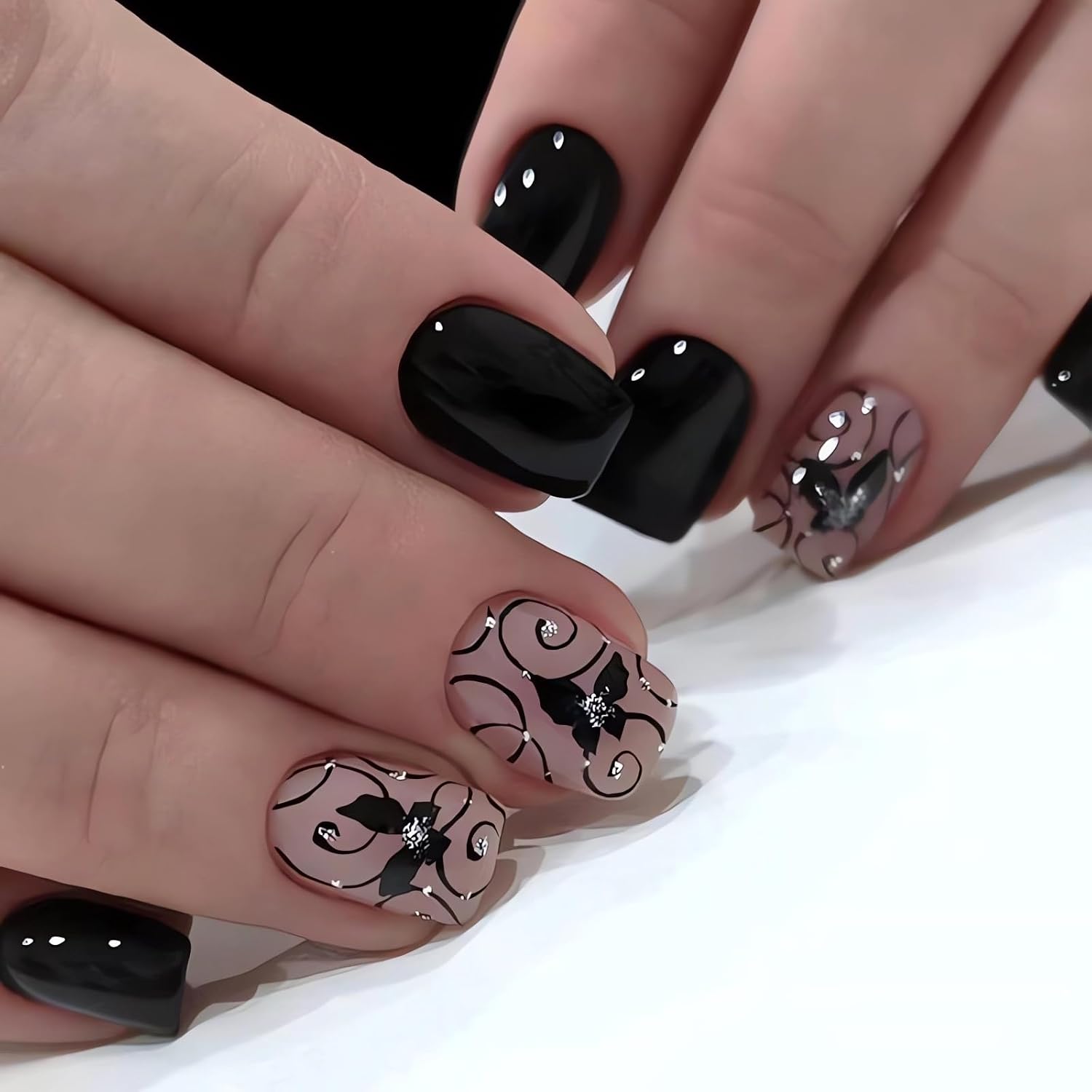 OHWODA Black Press on Nails Short Square Fake Nails Black Vine Acrylic Glue on Nails Full Cover Glossy Nails Press ons Short Stick on Nails Summer Artificial Nails for Women Girls - 24Pcs : Beauty & Personal Care