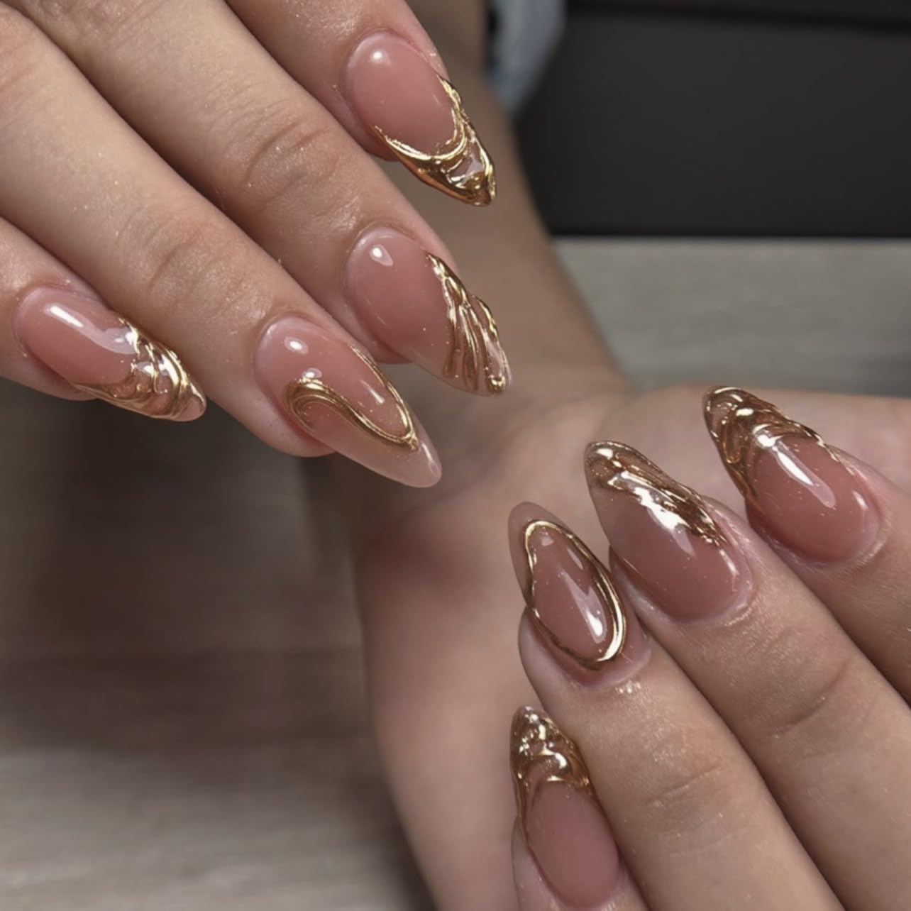 CTTHNBD Press on Nails Almond - French Tip Fake Nails with Gold Line Design - Medium Fasle Nails Press ons - for Women 24 Pcs : Beauty & Personal Care