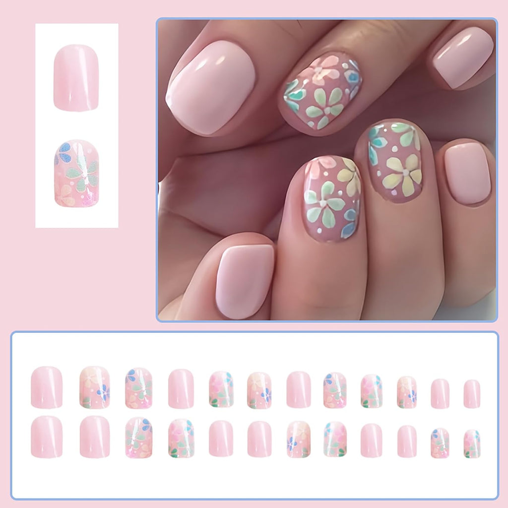 24Pcs Colorful Flower Press-On Nails - Short. Square. Fake. Spring-Summer Nail Art Set. Light Pink Acrylic. Full Cover Glossy False Nails for Women & Girls : Beauty & Personal Care