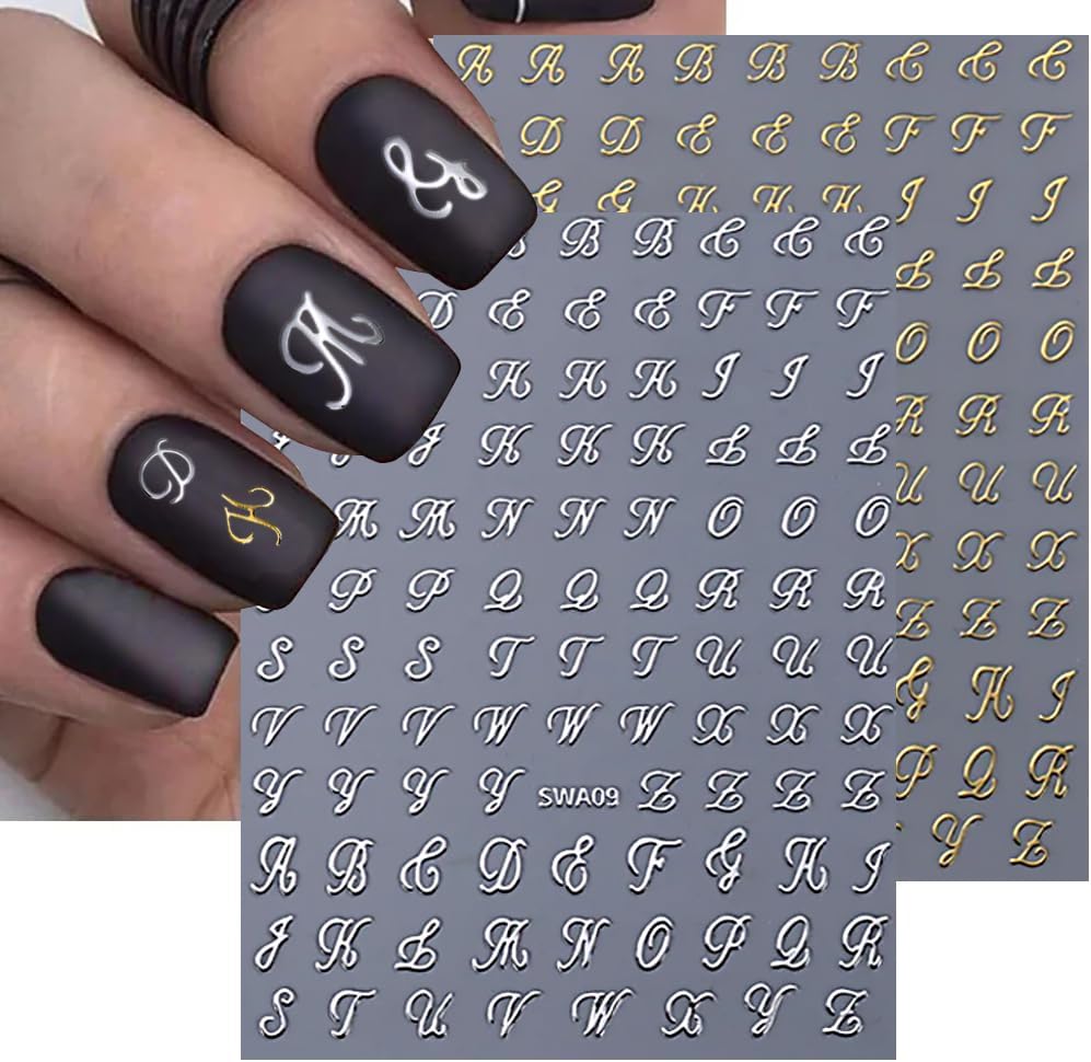 Letter Nail Stickers. 8 Sheets Old English Letter Nail Decals 3D Self-Adhesive Gold Silver Black White Retro English Pattern Old Alphabet Cursive Design Manicure Nail Accessories for Women Girls : Beauty & Personal Care
