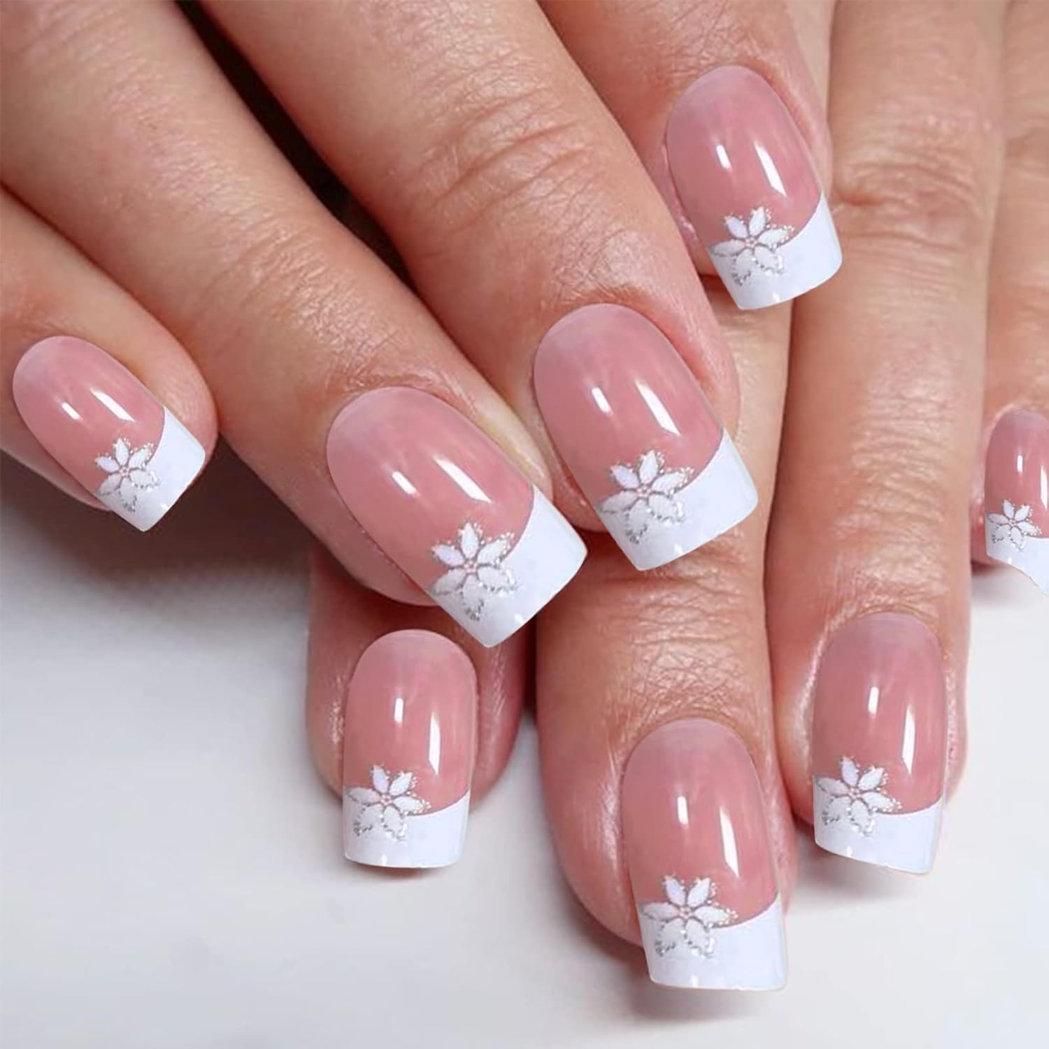 YOSOMMK Press on Nails Short Square Fake Nails with Flower Designs Nude Pink Glossy Full Cover Stick on Nail Bling Sequins Acylic Nail for Women and Girls : Beauty & Personal Care
