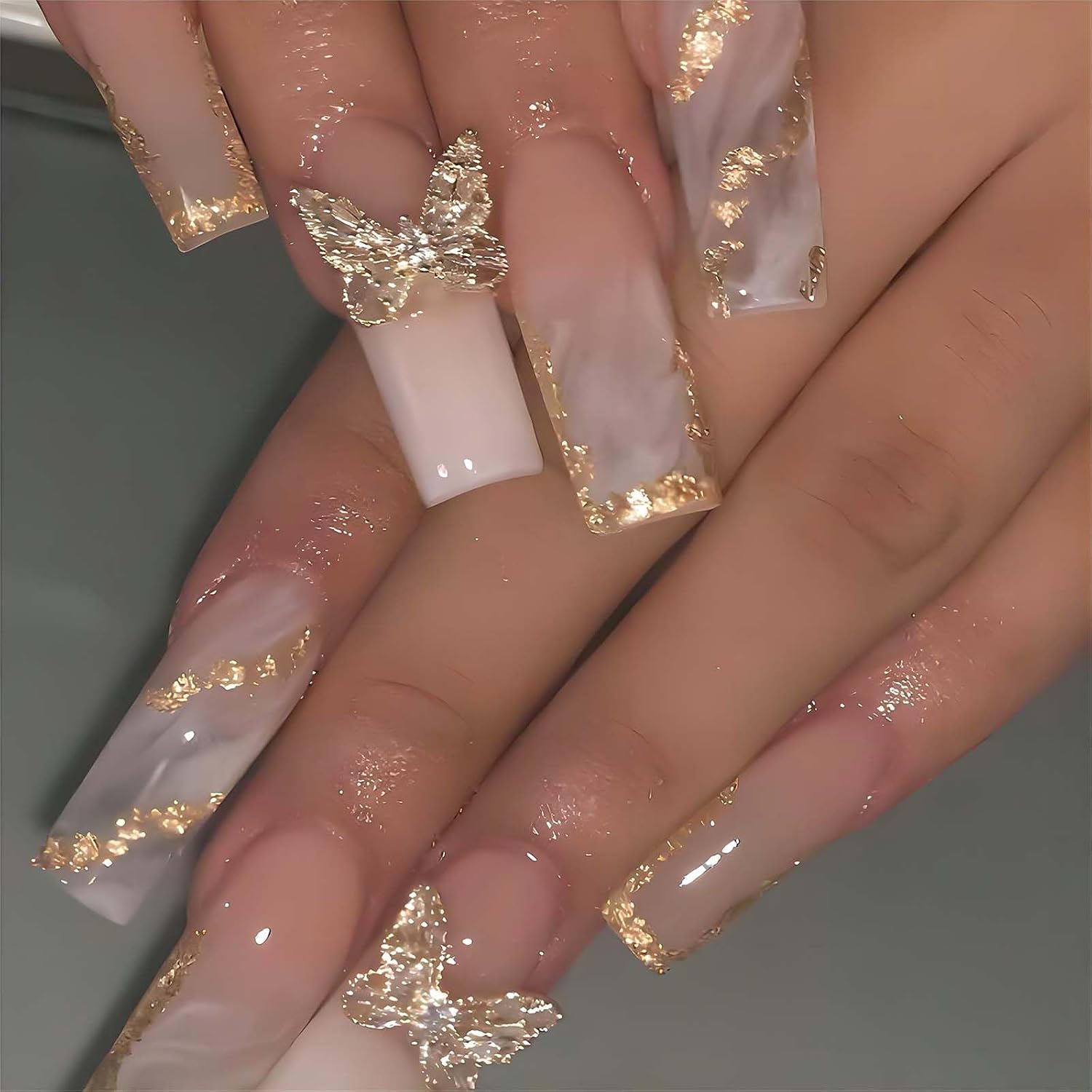 RUOKEXIN Heart Press On Nails Medium Square Fake Nails Glitter Glossy Acrylic False Nails with Rhinestones Designs Ombre Pink Full Cover Press Ons Fall Winter Holiday Stick on Nails for Women 24Pcs : Beauty & Personal Care