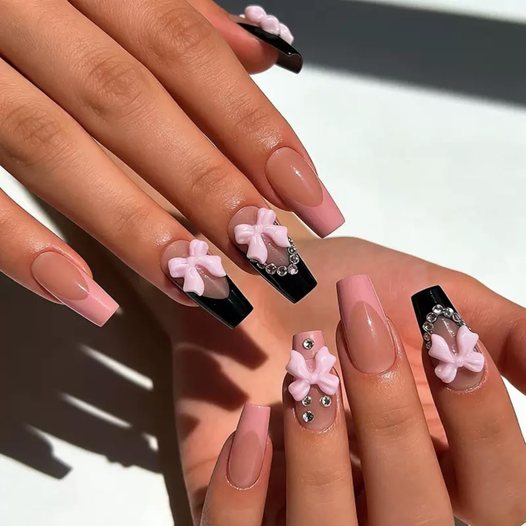 CTTHNBD Medium Press on Nails Coffin - Black French Tip Fake Nails with Bow Charms Design - Heart False Nails Press ons - for Women 24 Pcs : Beauty & Personal Care
