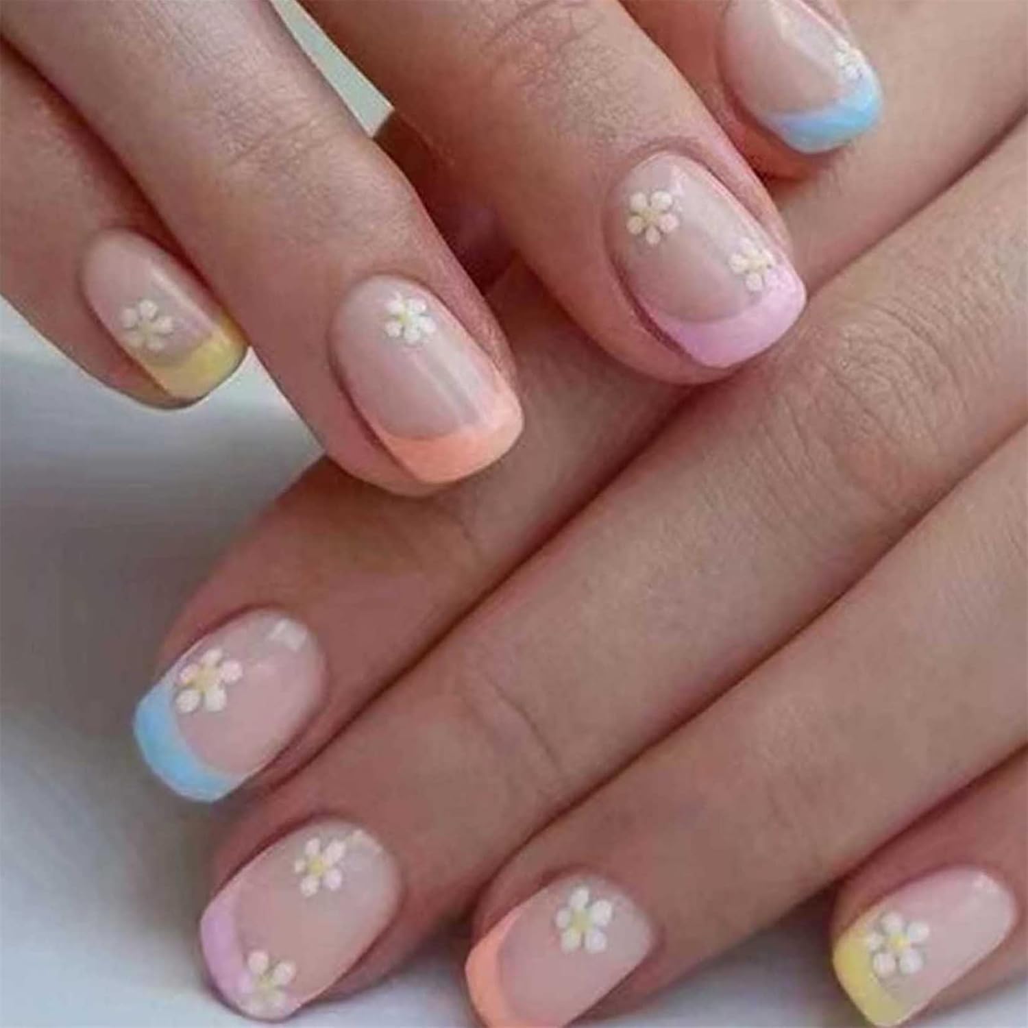 Hkanlre Square French Press on Nails Short Cute Fake Nails Acrylic Flower False Nails for Women and Girls 24PCS : Beauty & Personal Care