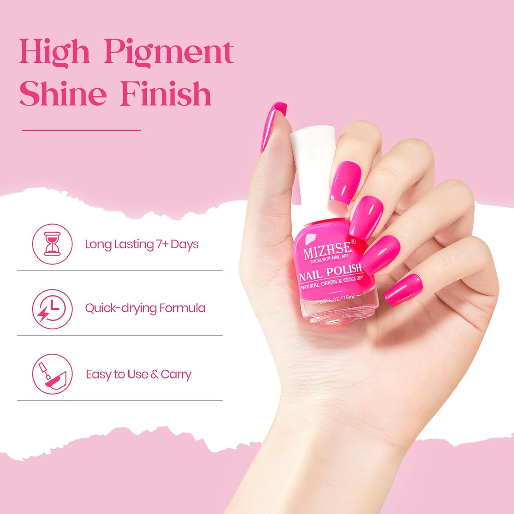 MIZHSE Quick Dry Nail Polish. Hot Pink Nail Polish Non Gel Air Drying Fast. 15ml Glossy Finish Regular Rose Red Nail Lacquer Full Coverage Nail Art Manicure DIY Home : Beauty & Personal Care