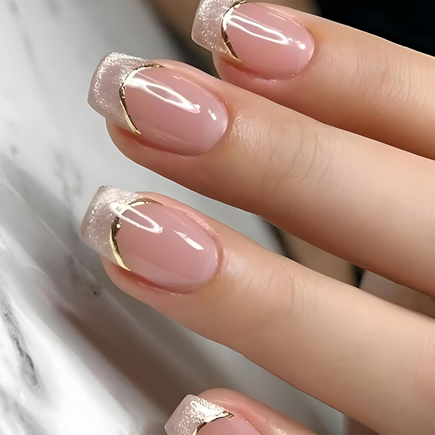 YOSOMMK Press on Nails Short Square Fake Nails with Flower Designs Nude Pink Glossy Full Cover Stick on Nail Bling Sequins Acylic Nail for Women and Girls : Beauty & Personal Care