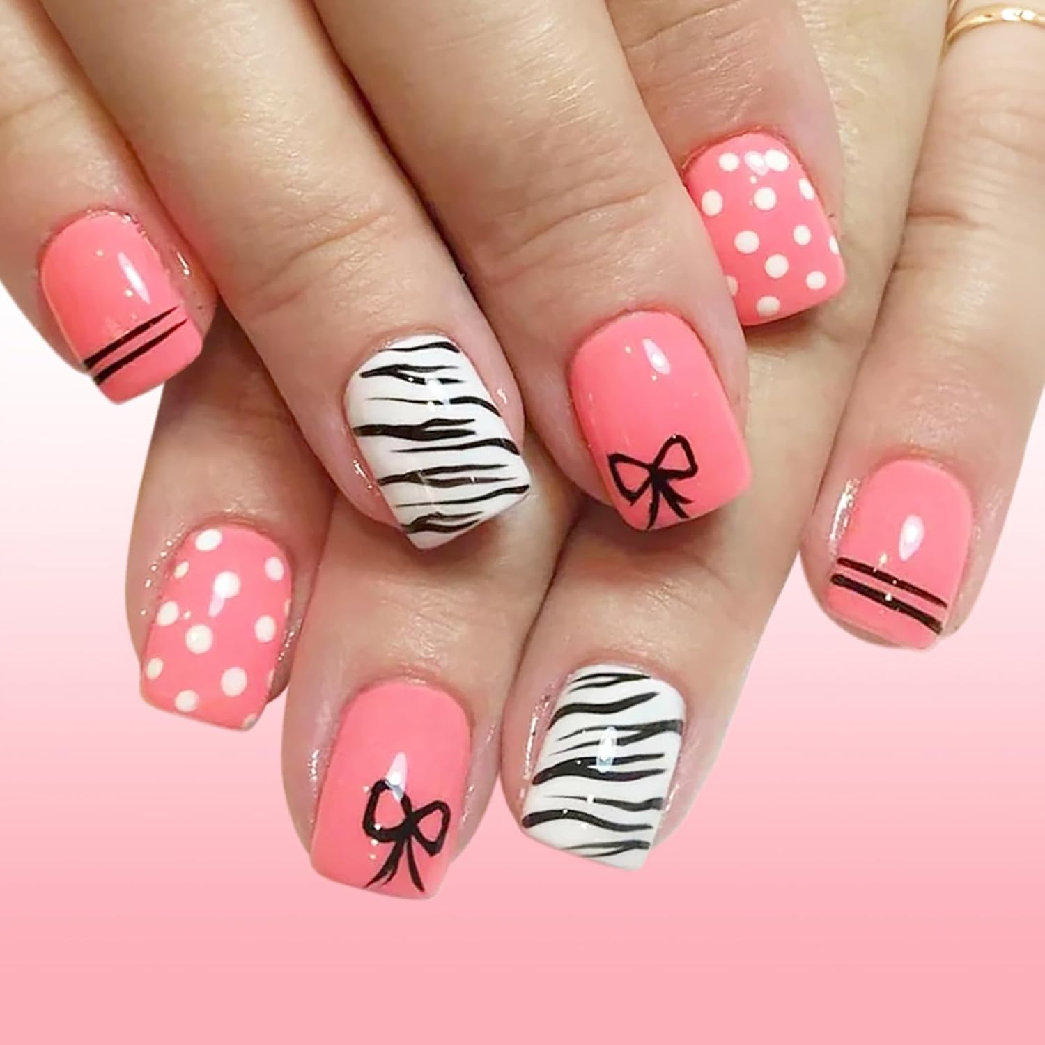 24Pcs Colorful Flower Press-On Nails - Short. Square. Fake. Spring-Summer Nail Art Set. Light Pink Acrylic. Full Cover Glossy False Nails for Women & Girls : Beauty & Personal Care