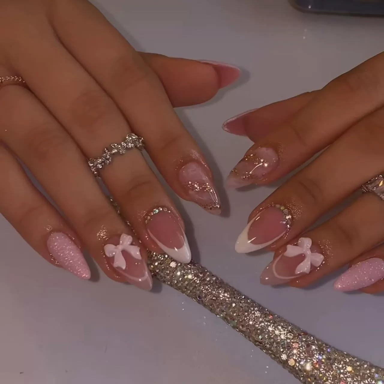 Short Square Press on Nails French Fake Nails Ombre Acrylic Nails Press on Full Cover Glossy False Nails Artificial Stick on Nail for Women Manicure Decoration 24PCS : Beauty & Personal Care
