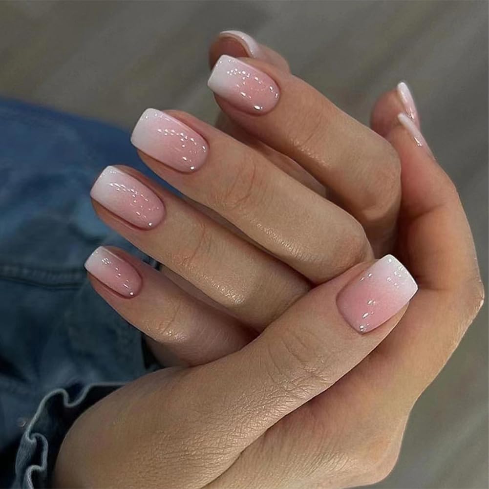 WAFOLOZE Nails Press ons.White Ombre Short Square Press on Nails Fake Nails Glossy Acrylic Artificial Nails Stick on Nails for Women 24Pcs : Beauty & Personal Care