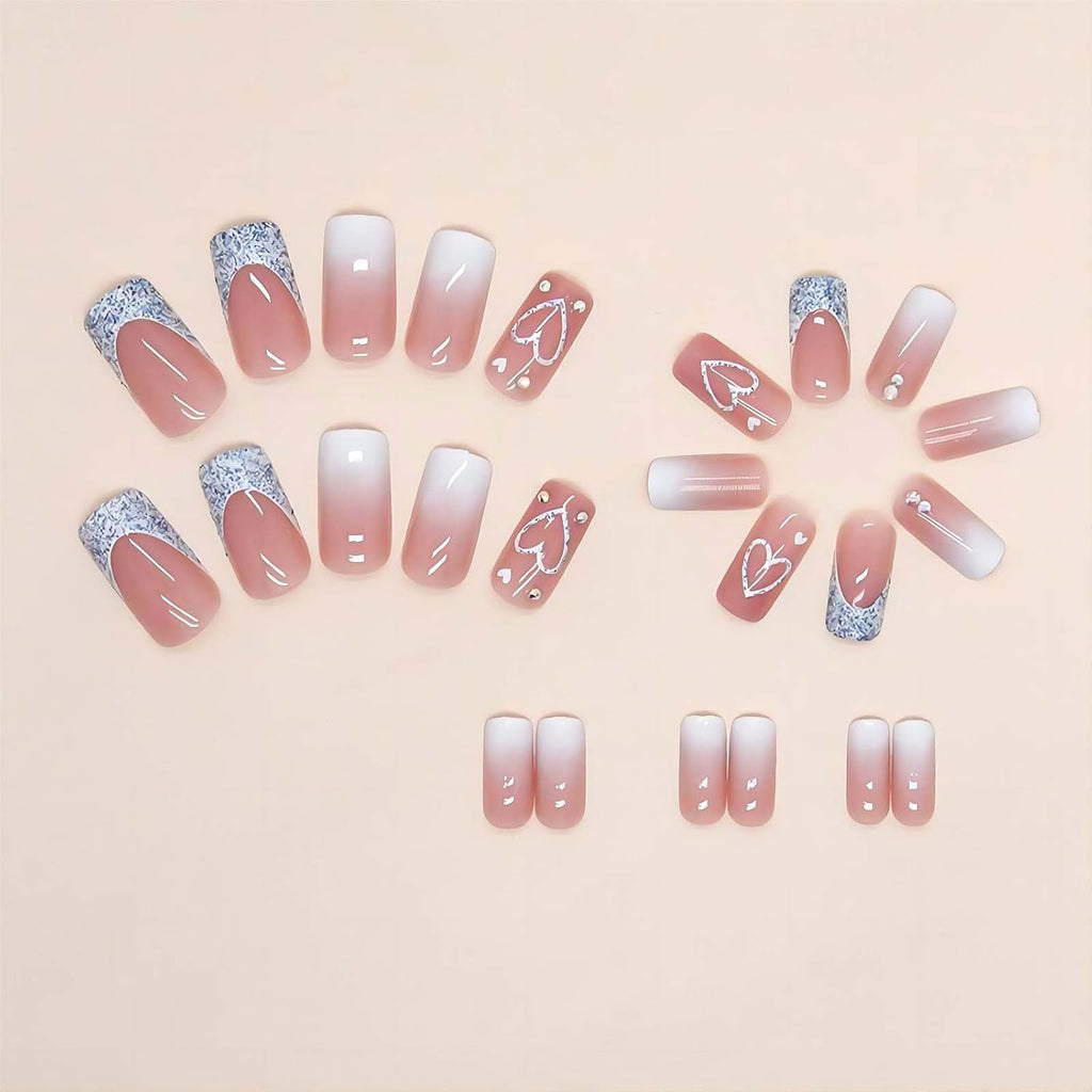 RUOKEXIN Heart Press On Nails Medium Square Fake Nails Glitter Glossy Acrylic False Nails with Rhinestones Designs Ombre Pink Full Cover Press Ons Fall Winter Holiday Stick on Nails for Women 24Pcs : Beauty & Personal Care