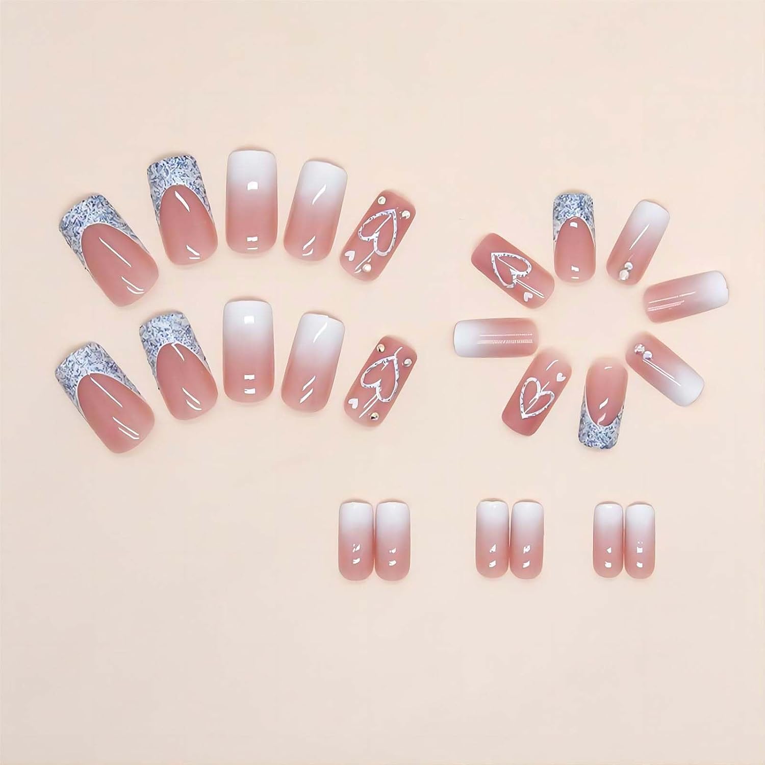 RUOKEXIN Heart Press On Nails Medium Square Fake Nails Glitter Glossy Acrylic False Nails with Rhinestones Designs Ombre Pink Full Cover Press Ons Fall Winter Holiday Stick on Nails for Women 24Pcs : Beauty & Personal Care