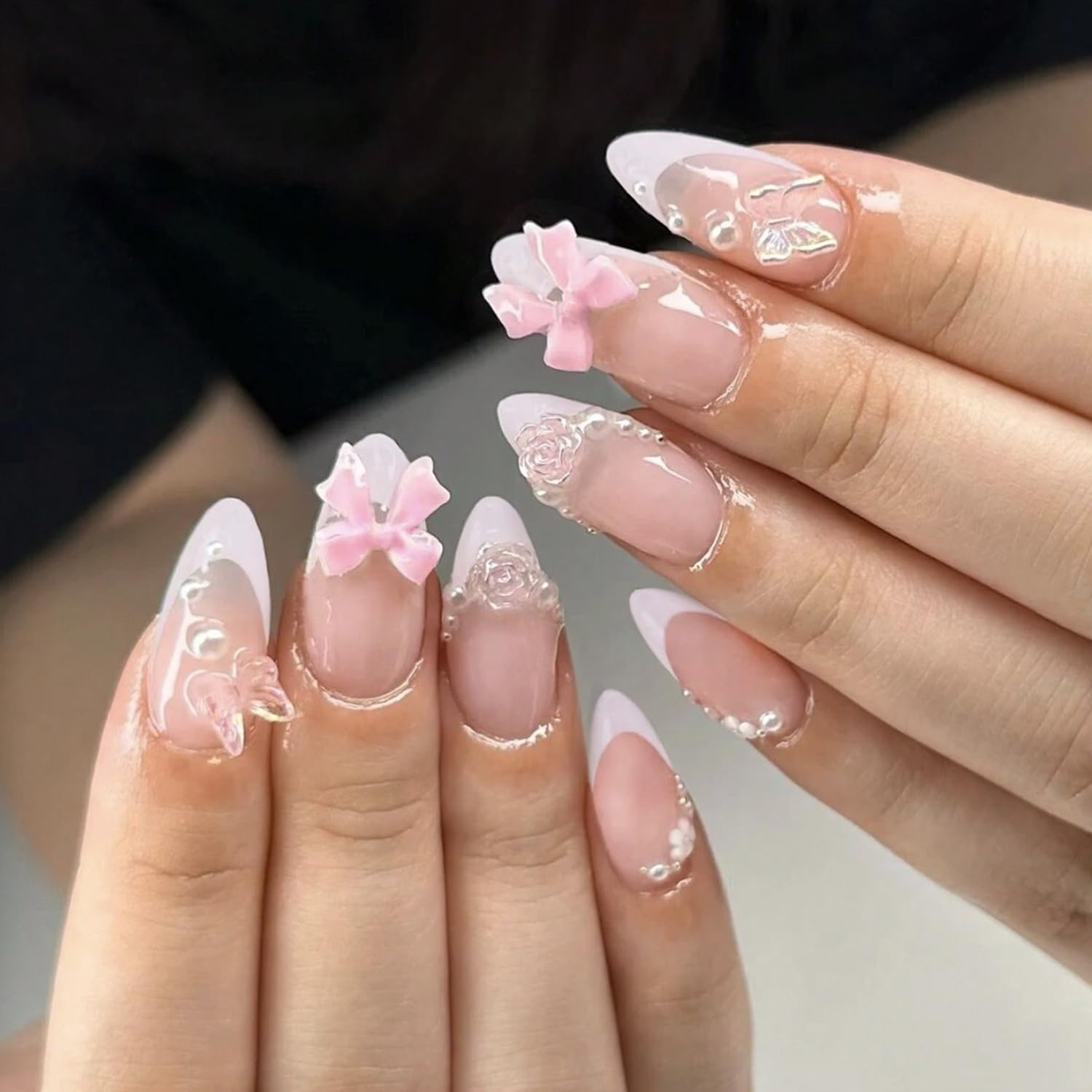 YKZFUI French Tip Press on Nails with Charms. Medium. Cute Bow. Long Square Shape. Acrylic Fake Stick On Nails with Heart and Rhinestones for Women Daily Wear. White : Beauty & Personal Care