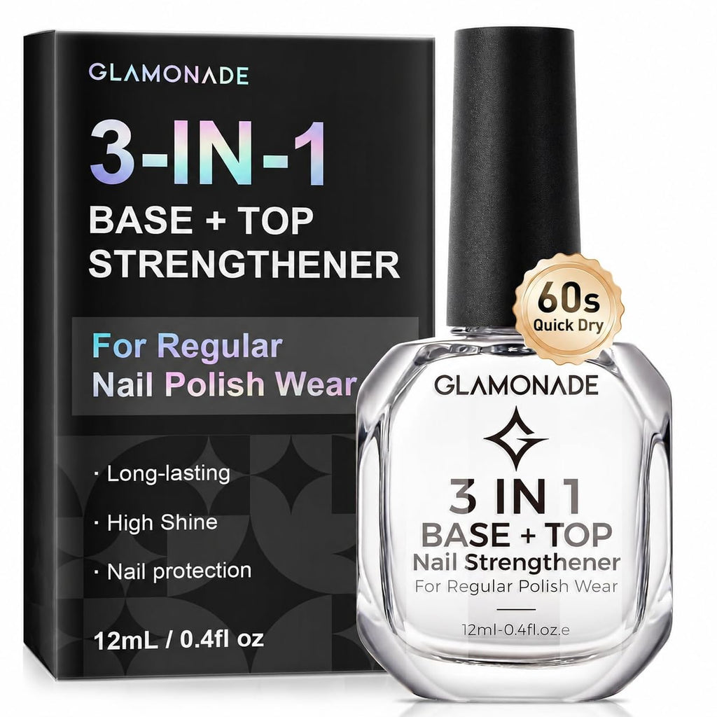 Glamonade 3-In-1 Clear Nail Polish: Quick Dry Top Coat Prevent Staining Base Coat & Nail Strengthener. High Gloss Long Lasting No Chip Shield. Nail Hardener for Weak Nails. DIY Manicure for Women 12ml : Beauty & Personal Care