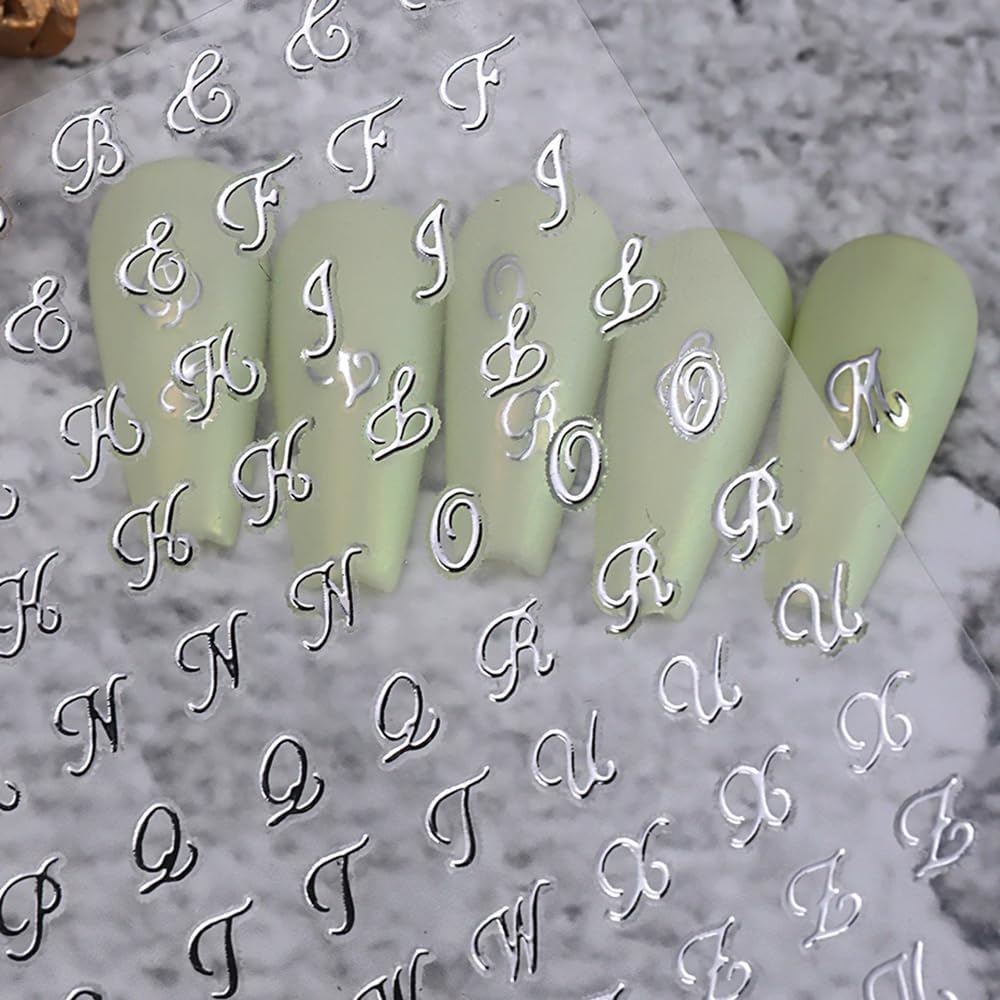 Letter Nail Stickers. 8 Sheets Old English Letter Nail Decals 3D Self-Adhesive Gold Silver Black White Retro English Pattern Old Alphabet Cursive Design Manicure Nail Accessories for Women Girls : Beauty & Personal Care