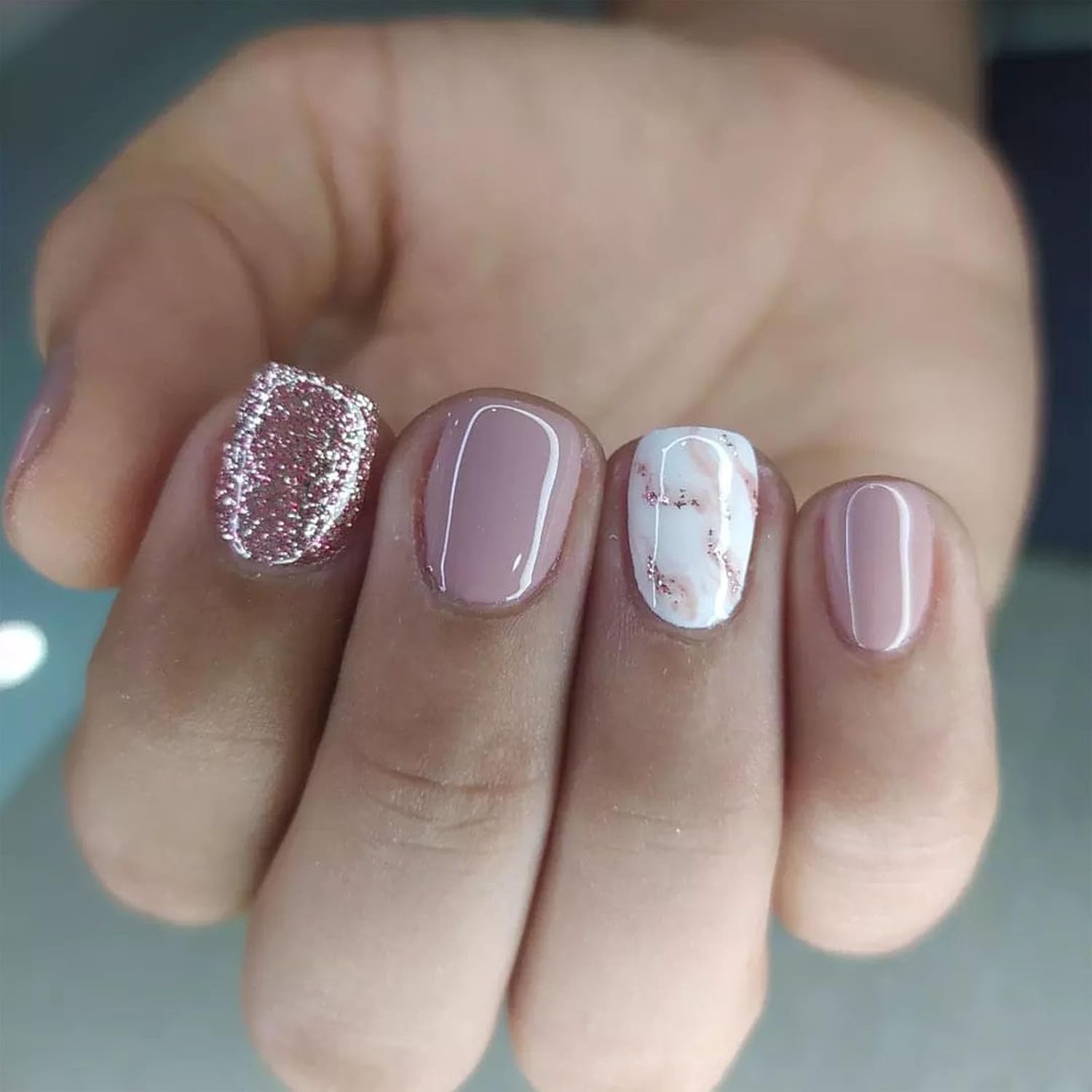 Short Press on Nails Square Nude Ombre Fake Nails Press ons White Glue Stick on Nails with Designs Full Cover Acrylic Glossy Artificial Cute False Nail for Women Girls 24 Pcs : Beauty & Personal Care