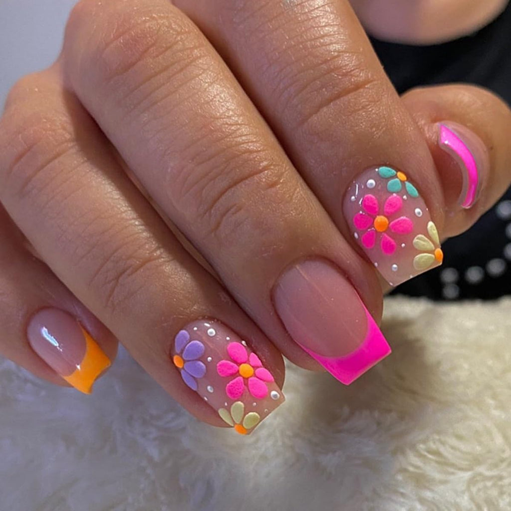 6 Packs (144 Pcs) Press on Nails Square - Short. Medium Nails Press ons - French Tip Fake Nails with Flower Design - for Women 12 Sizes-6 Styles : Beauty & Personal Care