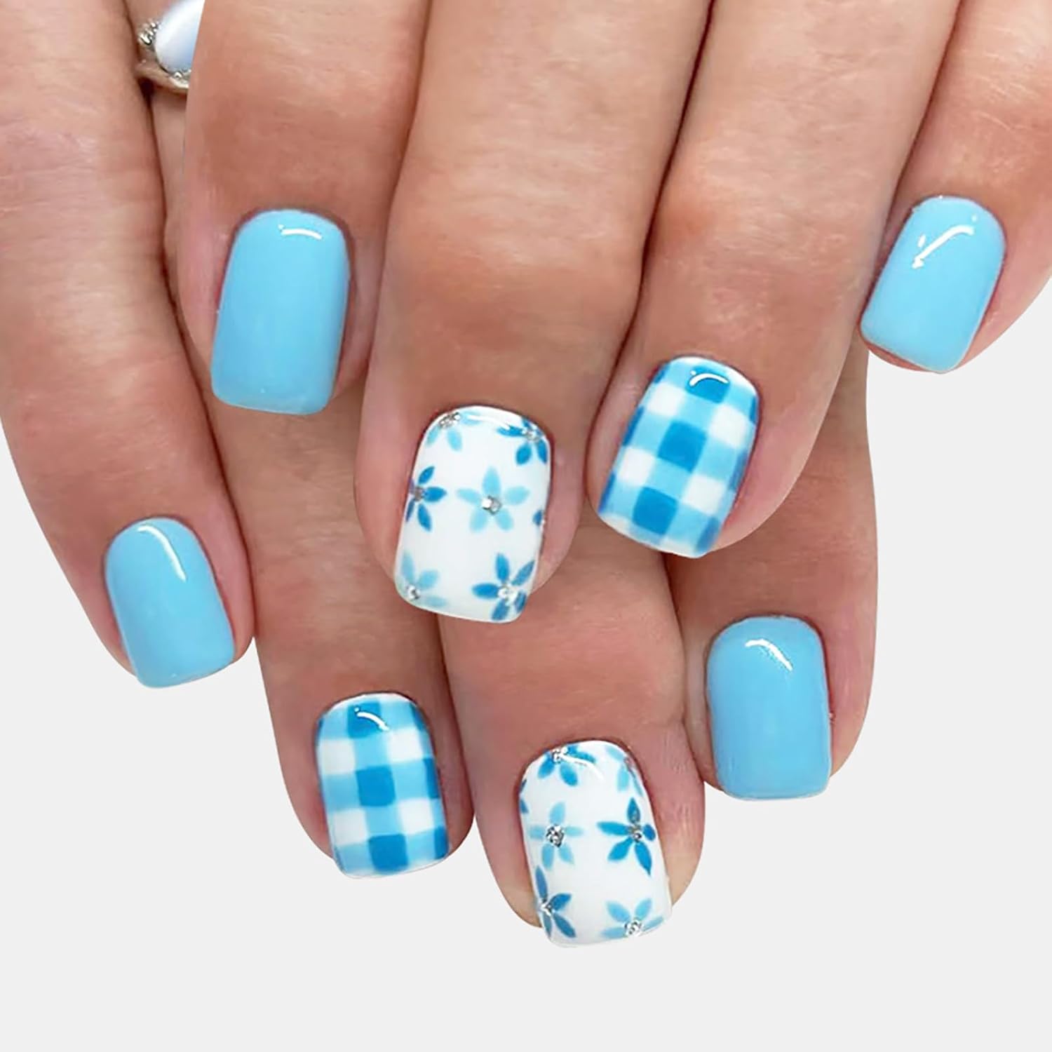 24Pcs Colorful Flower Press-On Nails - Short. Square. Fake. Spring-Summer Nail Art Set. Light Pink Acrylic. Full Cover Glossy False Nails for Women & Girls : Beauty & Personal Care