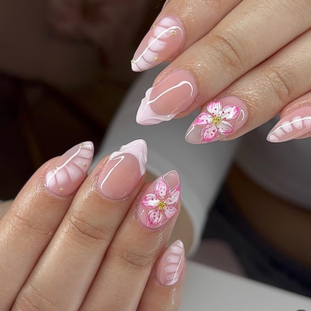 CTTHNBD Press on Nails Almond - French Tip Fake Nails with Gold Line Design - Medium Fasle Nails Press ons - for Women 24 Pcs : Beauty & Personal Care
